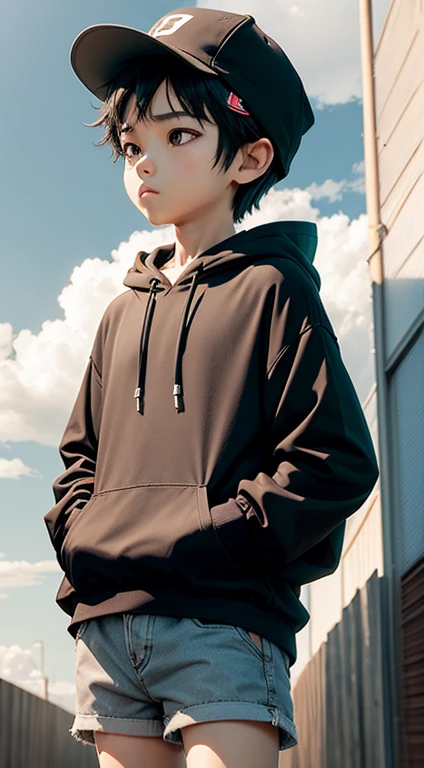 anime indonesian boy, 1boy, shorts black hair, ,wear hat,wear grey hoodie, looking away at the sky, sky with clouds, afternoon, lo-fi, camera from below