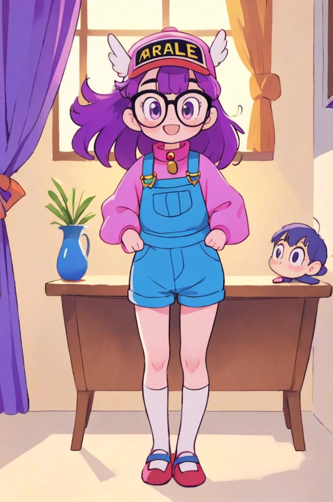 Norimaki Arale, Purple Hair, Round Lens, Sexy Body, Short length，Very flat chest，Small Ass，Thin thighs，Full body image, Perfect Face, Big eyes, Perfect Eyes, have, Tight clothing, Denim overalls，Perfect hands, Better lighting，Wing Hat, Wing Cover, With a smile, wearing Victoria's Secret elementary school lingerie, lace stockings, garter belt, lace bra, color matching lingerie, children's themed lingerie, as an elementary school girl, elementary school lingerie, lingerie as uniform, small lingerie, just sleeves and collar of a uniform, extremely short skirt, visible crotch, observing the windows of lingerie stores