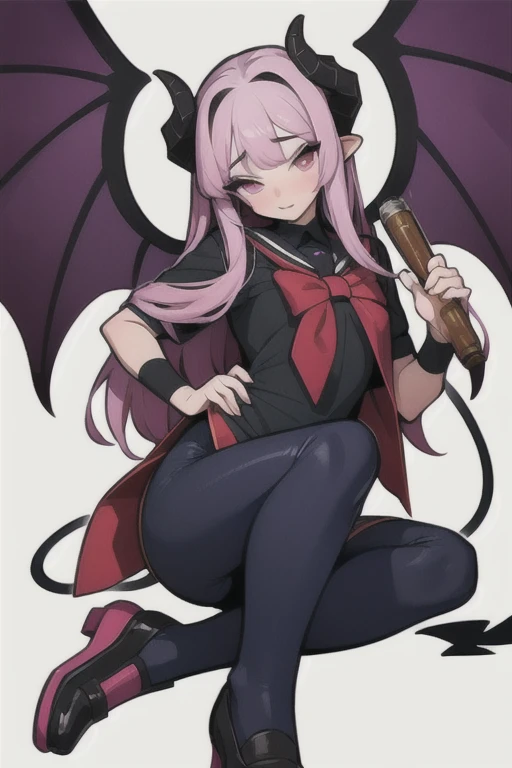 Complete body Vampirewings Peeled purple simple style color Demon girl hay horns anime 2d, multicolor hair purple and pink and black, small eyes Boku no hero posecompleta tail Boku no hero costume Boku no hero style, adult appearance, young older, stand up, stand up, demon wings, HD, 4k, scholar uniform white and green, shoes, good anatomy, five fingers,