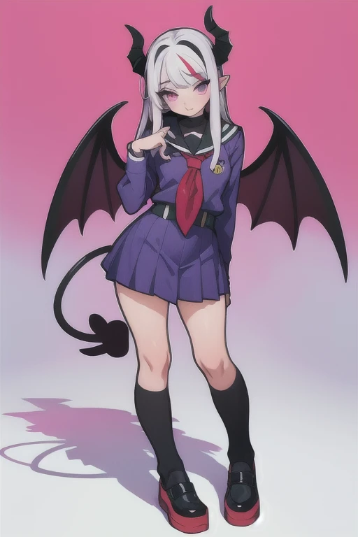 Complete body Vampirewings Peeled purple simple style color Demon girl hay horns anime 2d hair purple pink and black, small eyes Boku no hero posecompleta tail Boku no hero costume Boku no hero style, adult appearance, young older, , stand up, demon wings, HD, 4k, scholar uniform shoes