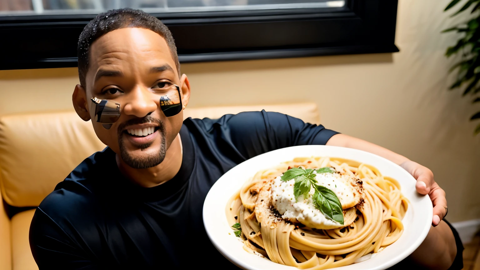 Will Smith actor rapper black warm light film feeling Will Smith eats pasta in the house wolfing down big mouthfuls of white short-sleeved pasta plate