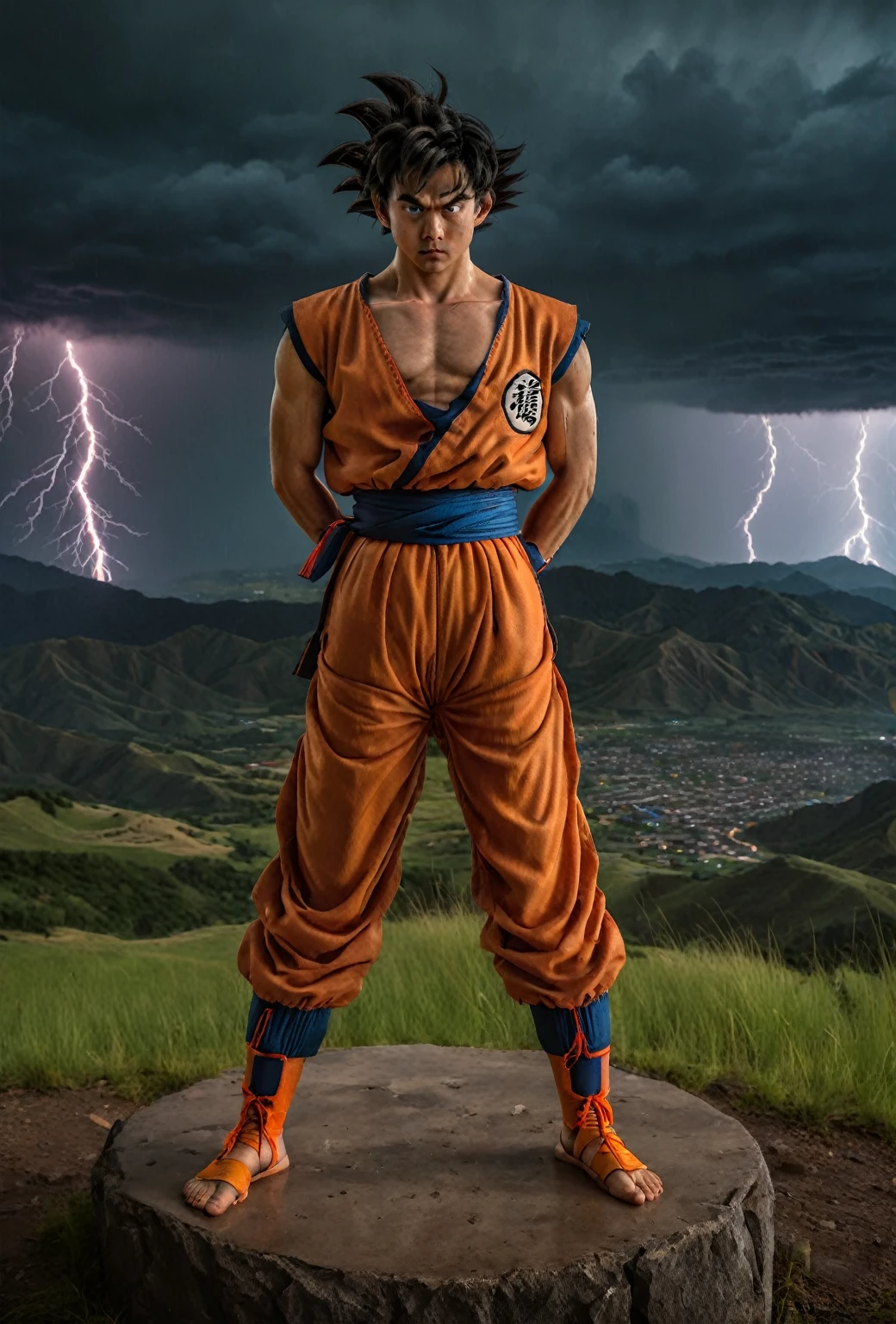 realistic, fotorrealistic, photo-realistic, full body, wide shot, realistic face, human face, sharp professional, breathtaking photograph, Son Goku stand in middle, looking at viewer, under the thunderstorm, There was mockery and dissatisfaction in his eyes, Dim sky and distant mountains in the background, 8K, Best quality, Masterpiece, Super detail, High details