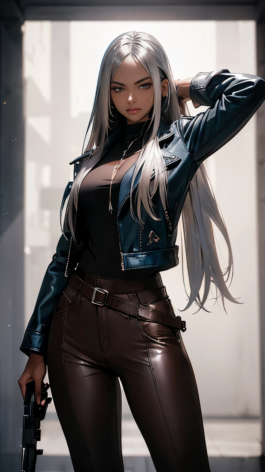 (Long silver hair:1.5),Beautiful 25 year old Indian female vampire mercenary, (Brown Skin:1.5), (Blue leather jacket:1.3),(Wearing tight black pants;1.3), Possessing a rifle, View from the front, Waist up shot, Dynamic pose, Ambient Lighting, Photographic realism, Intricate facial details, Exquisite handcrafted details, Very detailed, Vibrant colors, Cinematic, High resolution, Trending Style Raw on Artstation