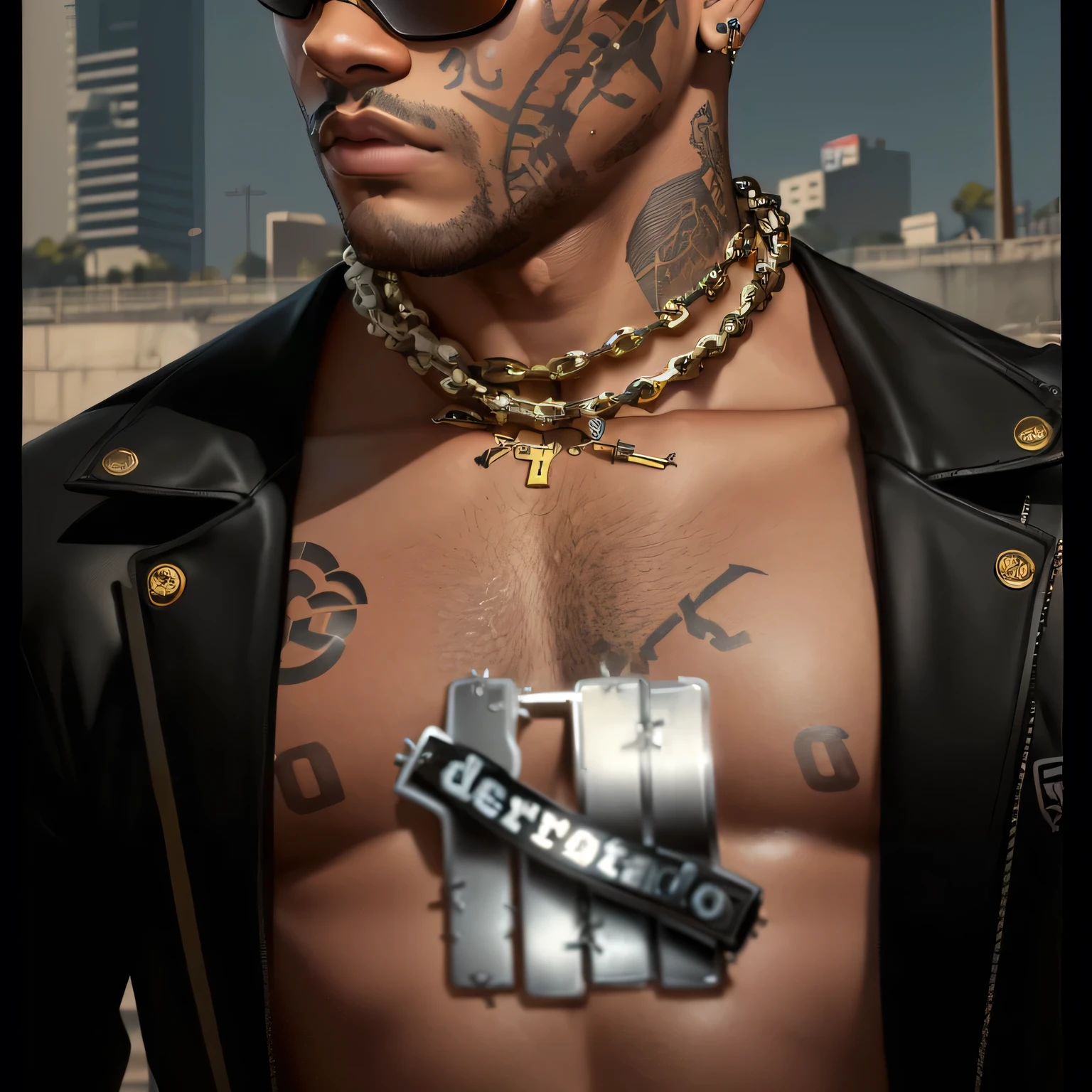 a close-up of a person with a chain around their neck, neck chains, corrente de ouros, personagem gta, wearing corrente de ouro, demobaza, estilo de arte gta, estilo gta 6, usando correntes, vestindo uma bandana e corrente, estilo de obras de arte de gta v, wearing a corrente de ouro, corrente de ouro, estilo de rua gta v, neymar in gta v, usando uma corrente