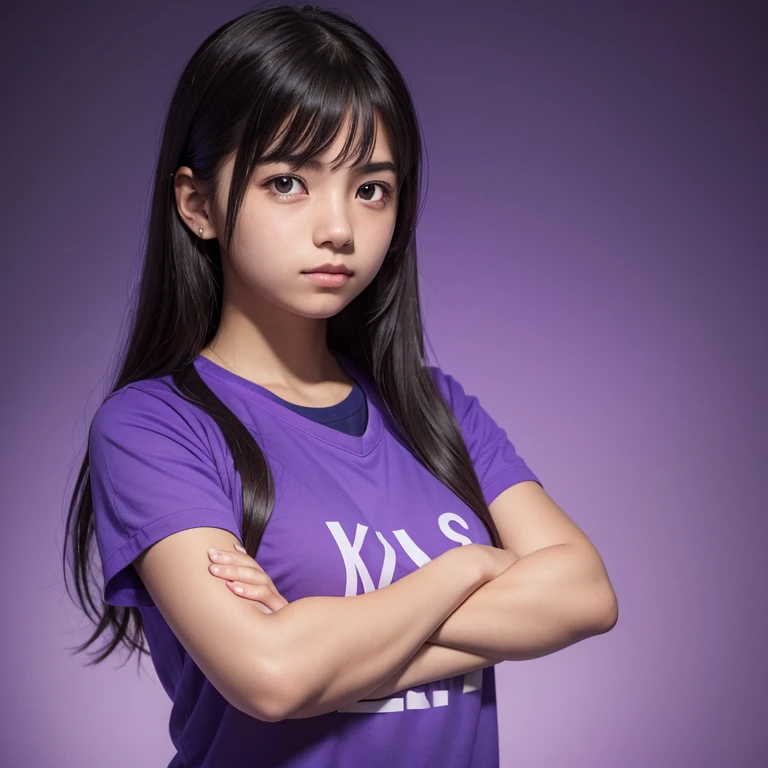 Midjourney latin student girl in high profile with crossed arms in a purple and blue background