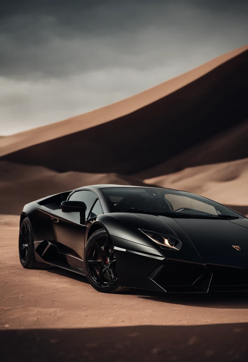 ((Masterpiece)), ((High Quality)), (Realistic:1.5), Black_Lamborghini, with red_details, on a street, in the middle of a windy_desert.