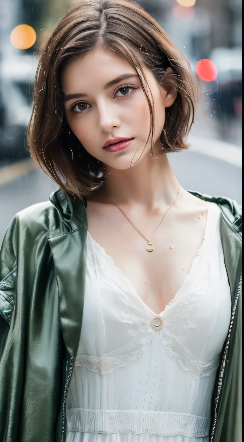 ((highest quality, 8k, masterpiece:1.3)), concentrated: 1.2, Perfect body beauty: 1.4, Hips: 1.2, ((Layered Haircut, chest: 1.2)), (Wet clothes: 1.1) , (rain, street:1.3), Bandeau dress: 1.1, Highly detailed face and skin texture, Delicate eyes, double eyelid, White skin, Long Hair,Japanese,Selfie