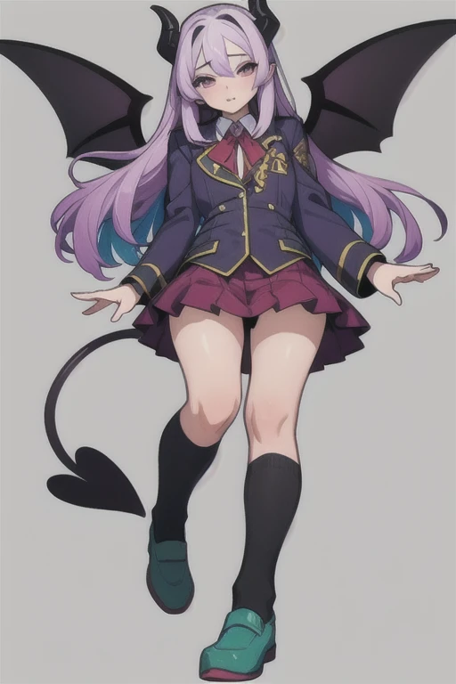 Complete body Vampirewings Peeled purple simple style color Demon girl hay horns anime 2d, (multicolor hair: purple and black), small eyes Boku no hero posecompleta tail Boku no hero costume Boku no hero style, adult appearance, young older, stand up, stand up, demon wings, HD, 4k, scholar uniform white and green, shoes, good anatomy, five fingers, perfect hands