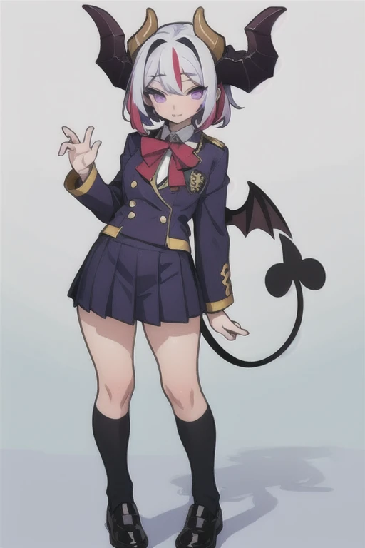 Complete body Vampirewings Peeled purple simple style color Demon girl hay horns anime 2d, (multicolor hair: purple and black), small eyes Boku no hero posecompleta tail Boku no hero costume Boku no hero style, adult appearance, young older, stand up, stand up, demon wings, HD, 4k, scholar uniform white and green, shoes, good anatomy, five fingers, perfect hands
