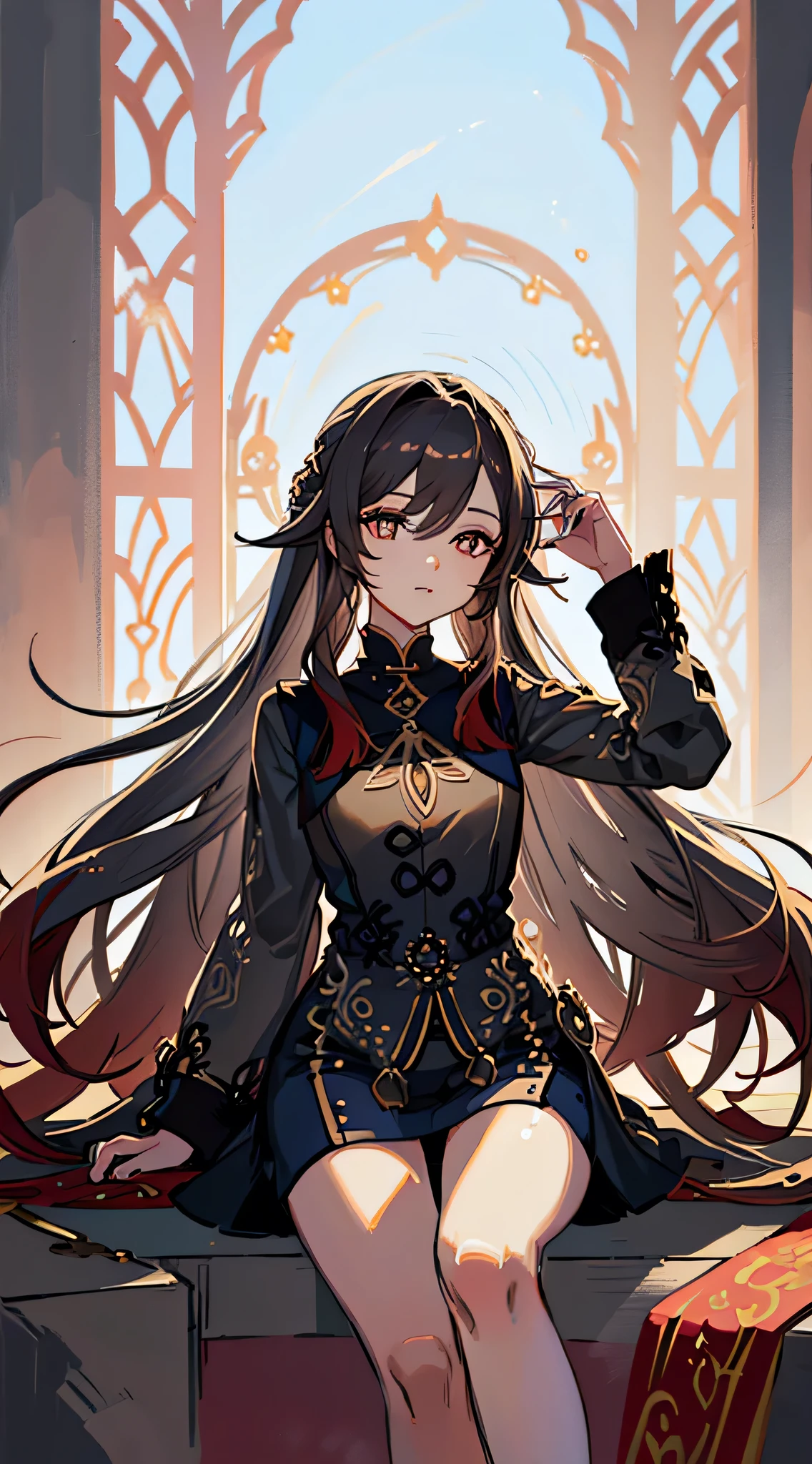 (best quality,ultra-detailed,illustration,masterpiece:1.2), 1 woman, mature, sitting on floor, detailed facial features, flowing hair, serene expression, elegant posture, comfortable clothing, gentle lighting, vibrant colors, peaceful atmosphere