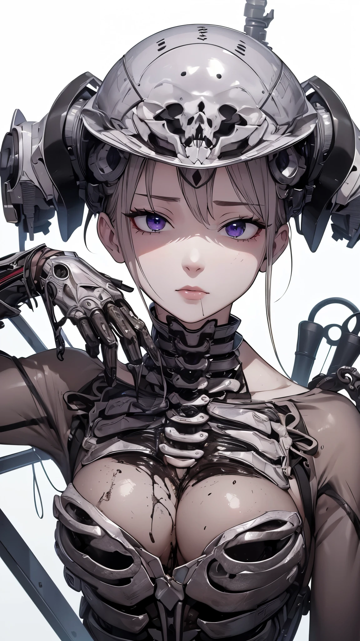 ((8K resolution))、((highest quality))、((masterpiece))、((Very detailed))((((dramatic))), (Anatomically correct)、The depth of the object to write、Looking at the camera、front、(woman、Mechanical bones格、Mechanical boneechanical Cervical Vertebra、Long and thin、lipstick、Spit sludge from the mouth、Bloody)、spooky、an ominous、((theme、whole body:1.1)), SF、Design、White Background