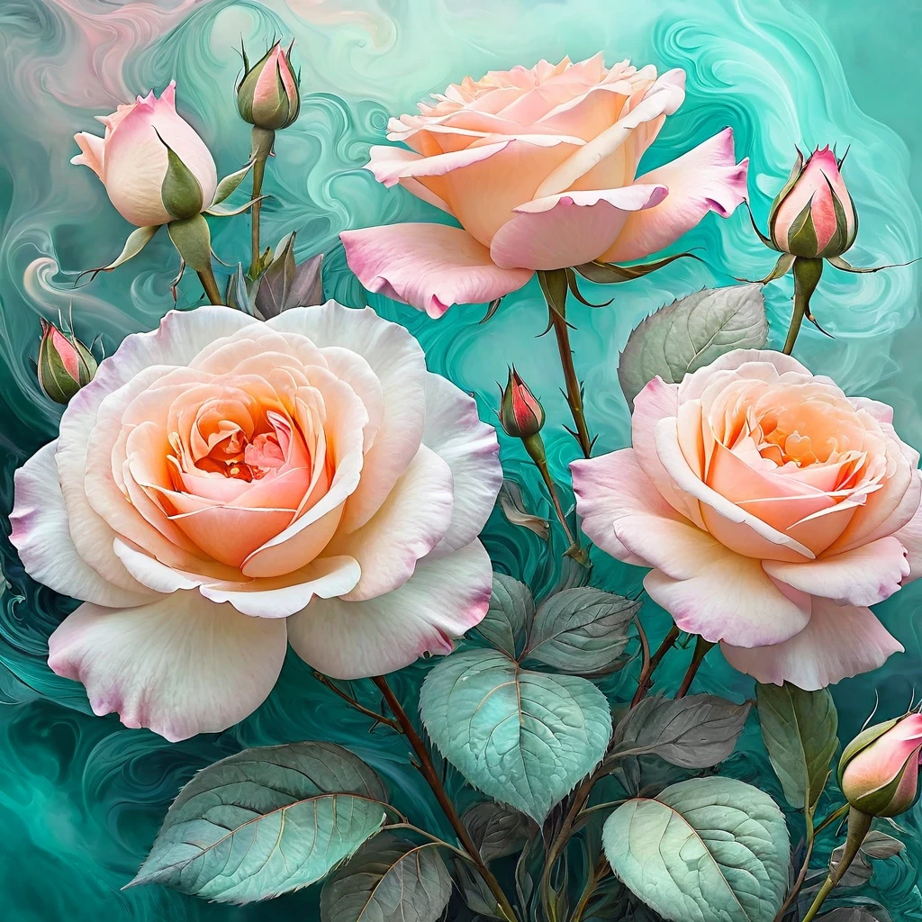 Whimsical fantasy elegant rose floral botany minimalism with a wave of flowers garden flowing flowers floating in hazy pastel pink, aqua green, pastel apricot, smoke fractal, moody and massively realistic flowers, octane rendering, Josephine wall art, Isabel Menin, Jean, Amy brown  