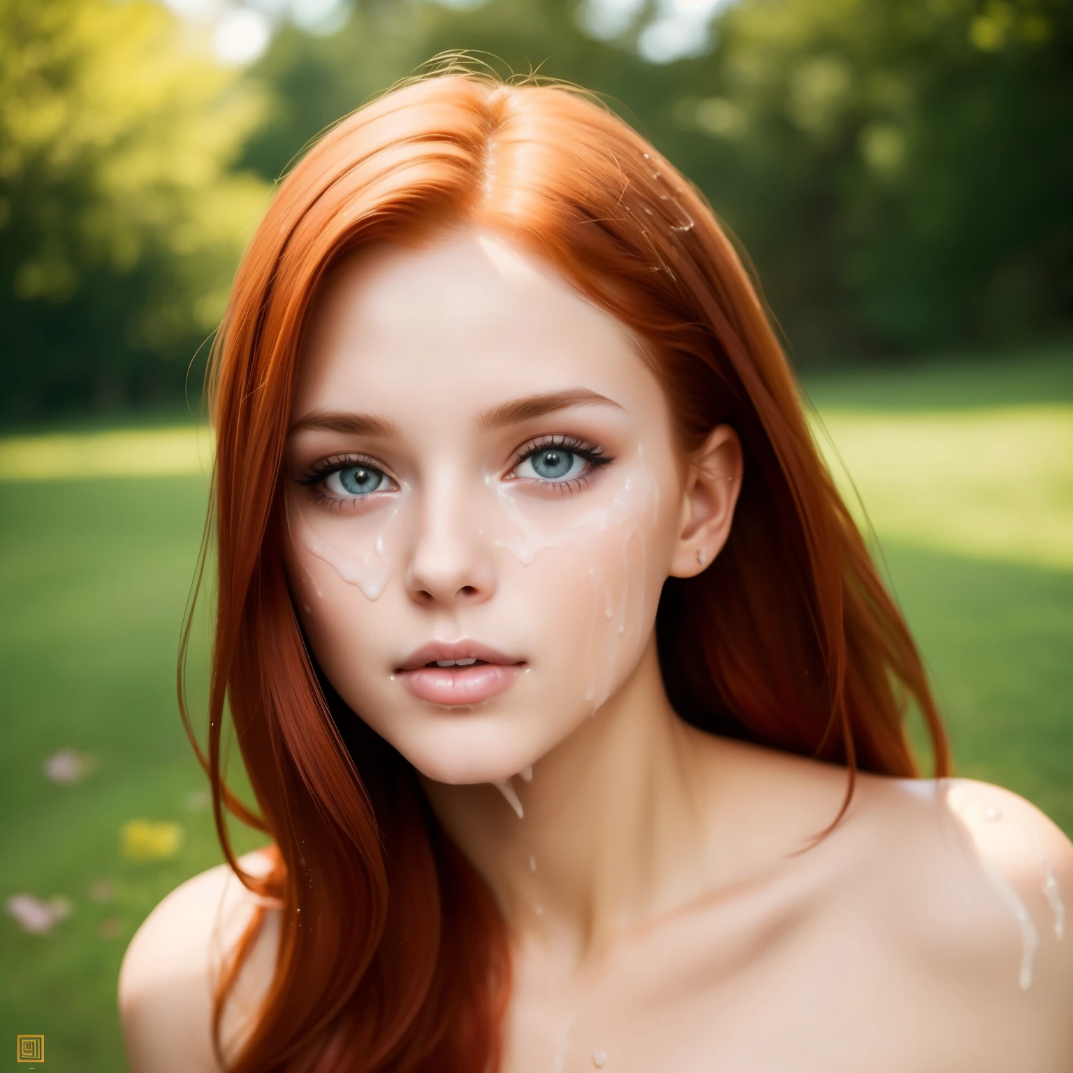 young girl, redhead, cinematic, The portrait showcases a young (redhead girl:1.6) with a shy and innocent demeanor, blueish eyes, sensual slim face, photo, focus on eyes,instagram influencer,extreme close up, from up, pov (((cum on body:1.4))) , ((( real cum on face,realistic cum dripping all over face:1.4))), ((( bukkake ))) ,blue eyes, ((redhead)) slavic girl(((slim body, slim waist))) red hair, big tits (confident expression:1.2), big lips, naked, BIG TITS and shorts, Her hair is styled sleek and straight, elegantly framing her face with adorable long hairl .Her face is illuminated by gentle lighting, highlighting her delicate features. The girl's eyes sparkle with a hint of curiosity and her lips form a subtle, shy smile. The background consists of a ourtoor nature autum scenery muted and warm-toned setting, providing a calm and serene atmosphere. The composition focuses on the girl's face, capturing the intricate details of her flawless skin, The overall image exudes a sense of tranquility and captures the innocence and gentleness of youth