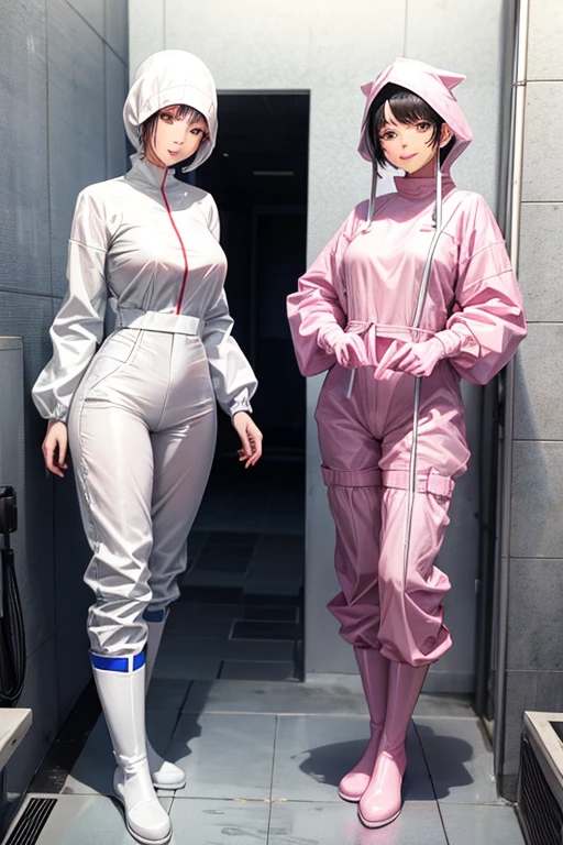 Wearing large pink rubber gloves, white rubber boots and a white cloth wrapped around her head、Two black-haired mature women in blue long-sleeved jumpsuits cleaning a dirty public toilet with a gentle smile