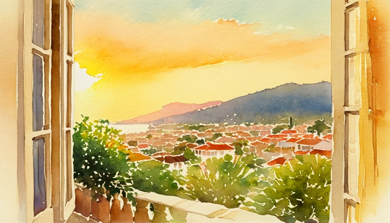 (watercolor), landscape, ennui, Afternoon sun, sunset, South America, Residential Street, Out of the window, Soft colors, Warm Light, Soft Shadows, Nostalgic, Soft brush strokes, delicate, Vaguely, 夕sunset, Silence, melancholic, transition period, Vibrant colors, Style, Exotic, Delicate, Quiet street, Home々Silhouette of, Vision, Warmth, Aftertaste