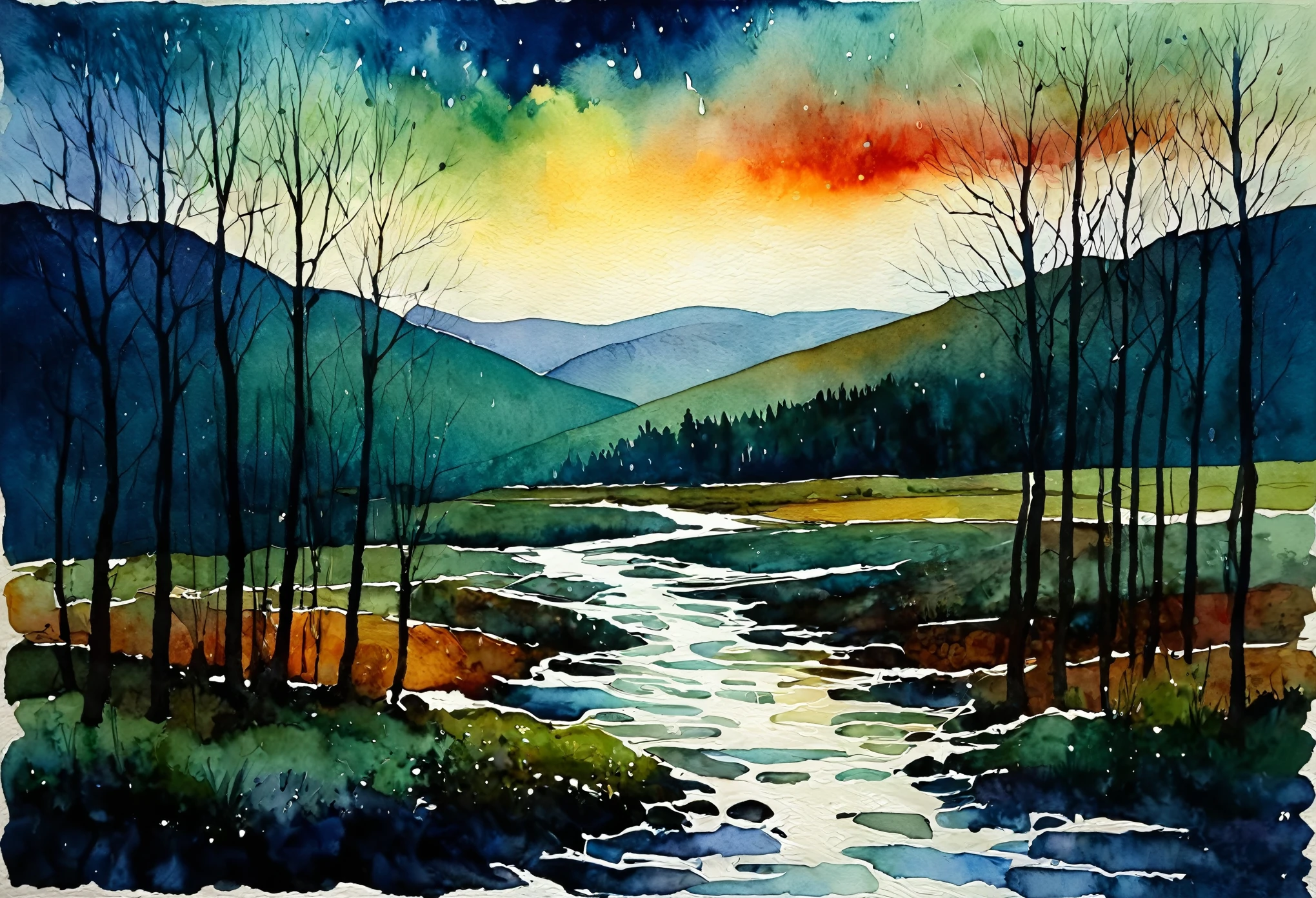 Primitivism landscape, watercolors wet-to-wet, dark cool tones