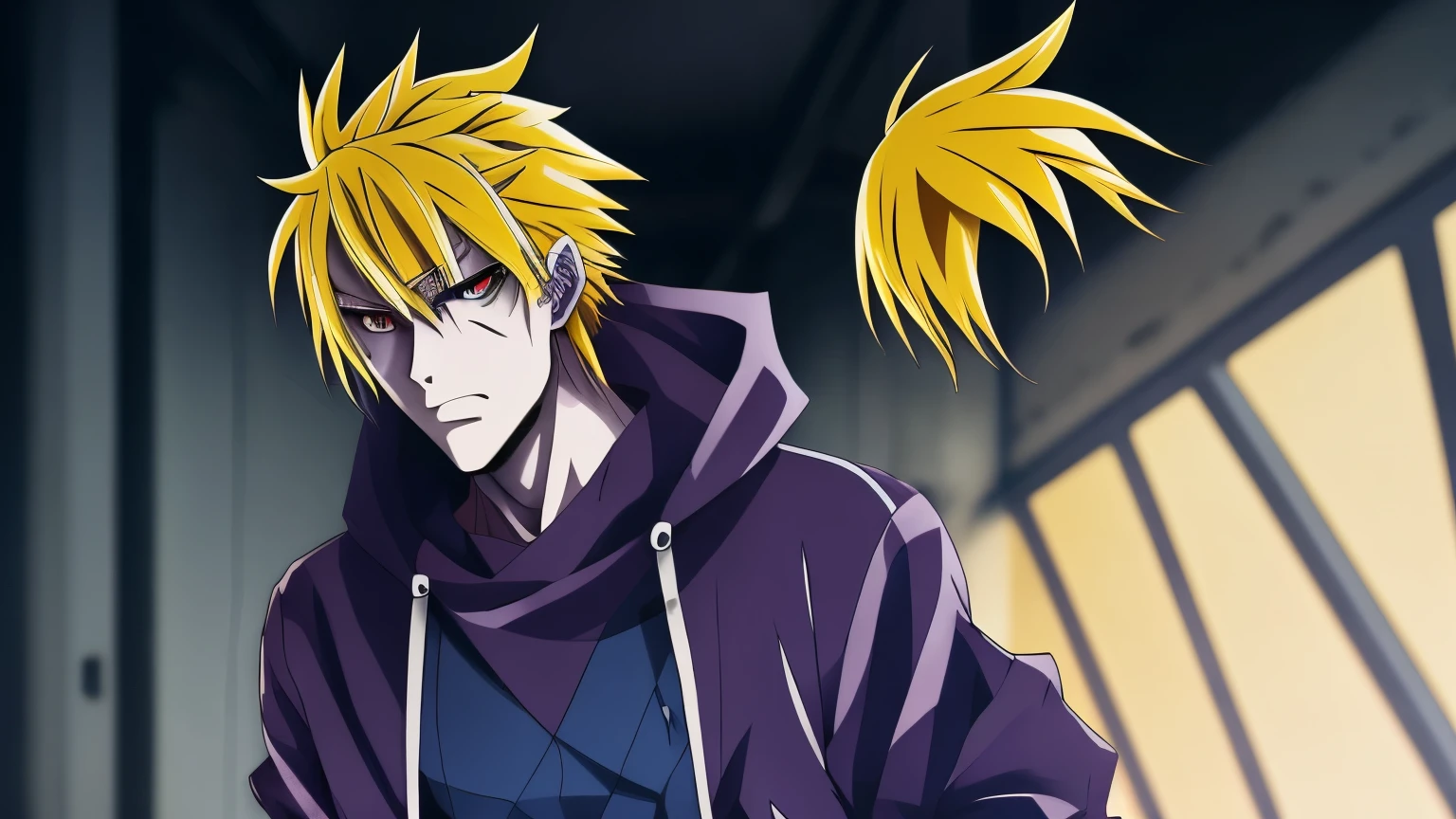 An Anime character, dirty, lean, he's strong, wearing dark purple sweatshirt, full body art, dark blue ripped pants, exhausted yellow hair, dark blue eyes, neck scar