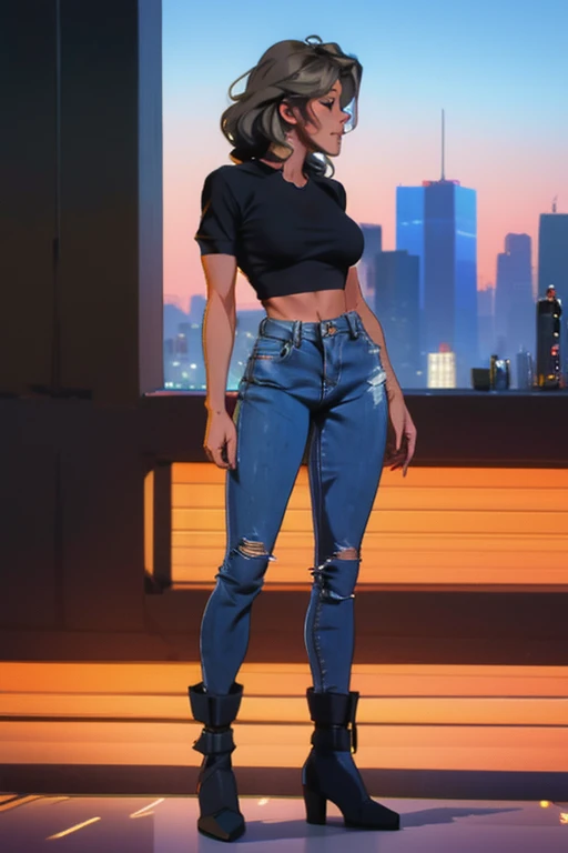 Kate hudson, sexy body, beautiful gorgeous face, tight ripped jeans, tshirt, ankle boots, thick thighs, NYC skyline, hi-res, extremely detailed, high accuracy, masterpiece, standing, side view, full body,