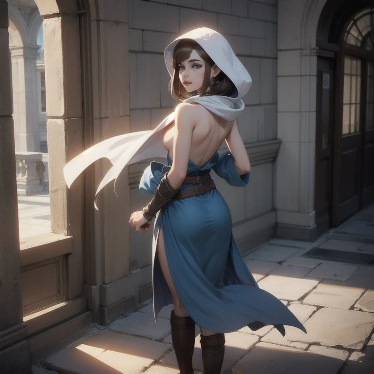 A full-body shot of topless Princess Zelda, brown hair, blue eyes, dressed as an Assassin from Assassins Creed, in white+gold witha white mask and hood with gold details, XL bust, using a wrist blade. Background: A city during the renaissance period. Unreal Engine 5, Anime, Anime style, Masterpiece, Well drawn eyes, well drawn face, well detailed eyes, well detailed face, 8k, light and shadow effect.