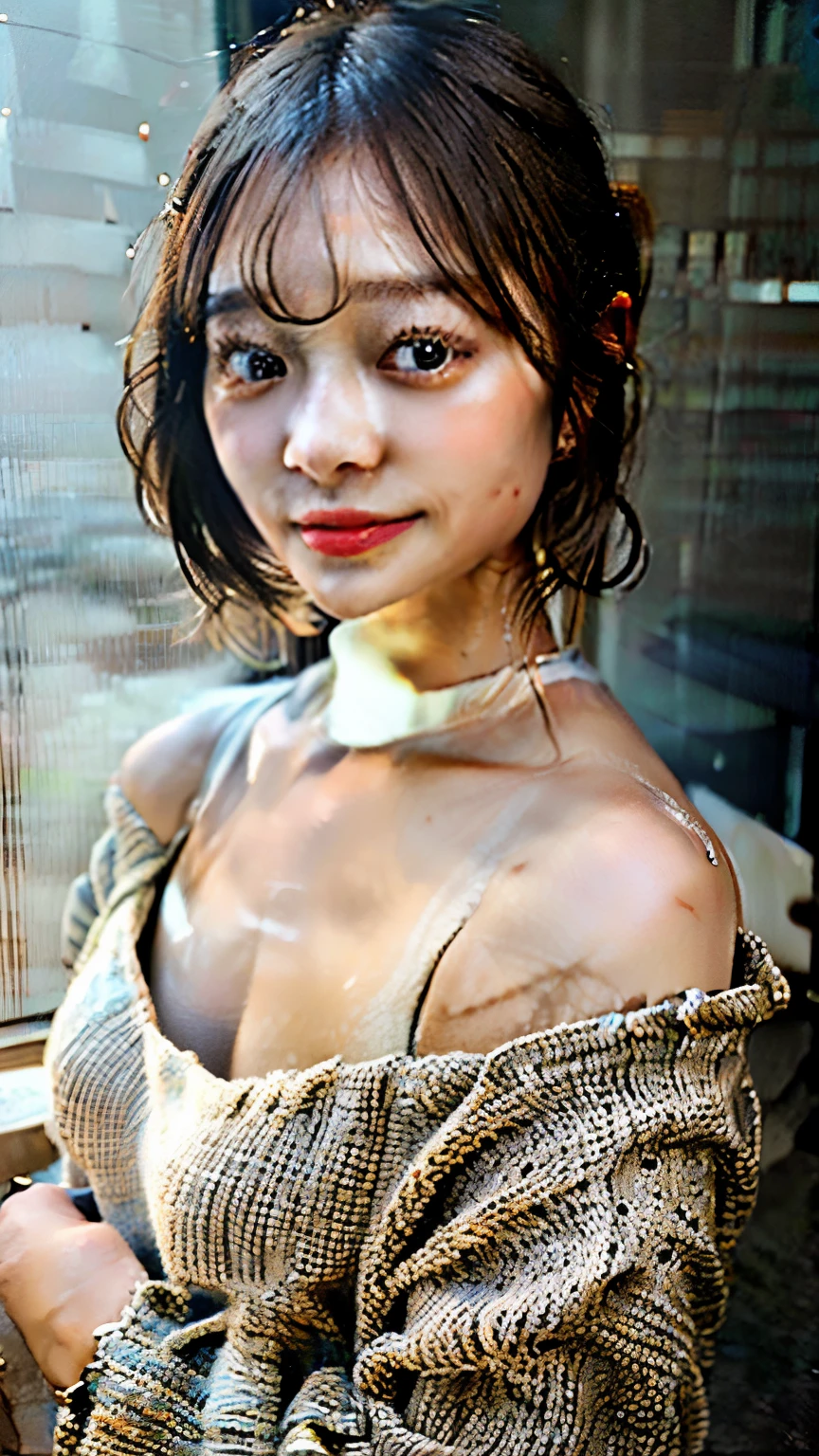 (masterpiece:1.3), (8k, Photorealistic, Raw photo, Best image quality: 1.4), Japanese 、(Random Hairstyles:1.2)、Cleavage:1.2、Super detailed face、Attention to detail、double eyelid、Put your chest together、Sharp focus:1.2、Beautiful woman:1.4、Light brown hair、highest quality、masterpiece、超A high resolution、(Photorealistic:1.4)、Highly detailed and professionally lit smile、Loose, lightweight knitwear、Shoulders out、thin、Serious expression、Short-haired、Deadly position
