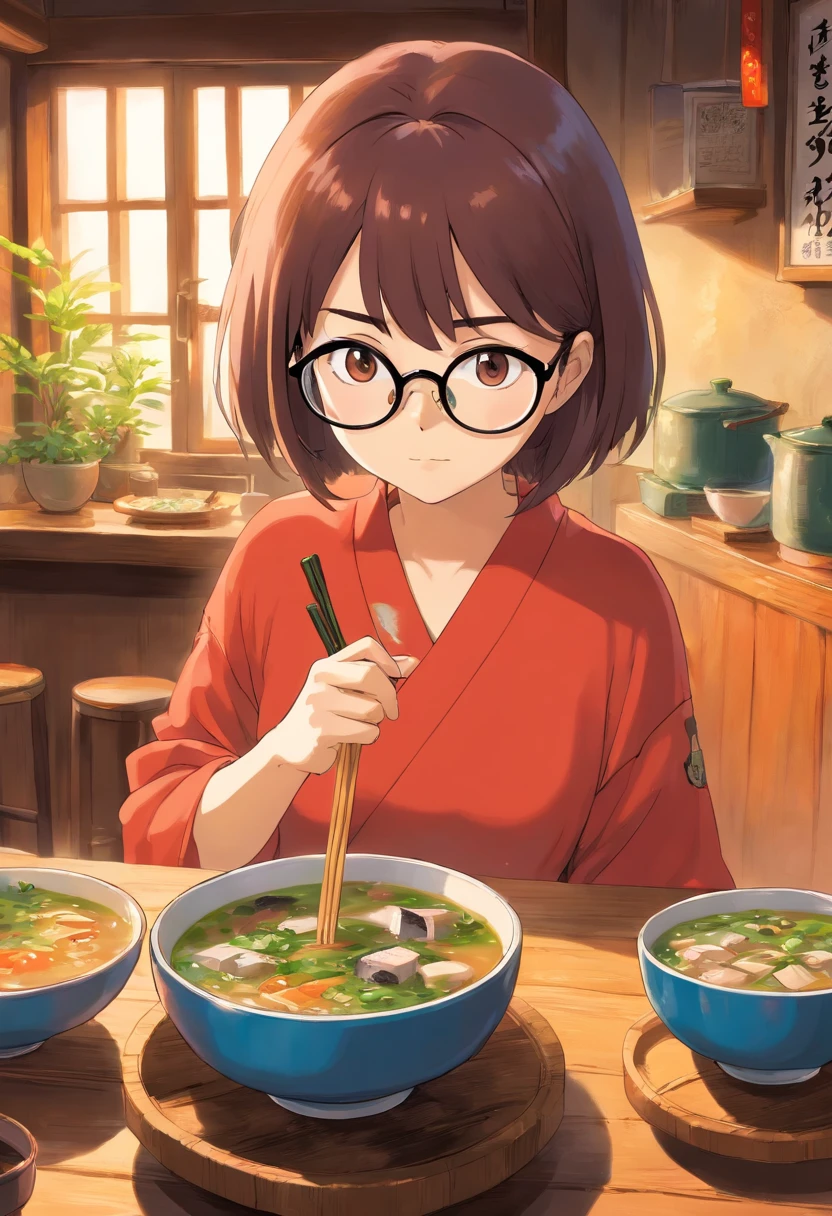 miso soup　woman　Glasses
