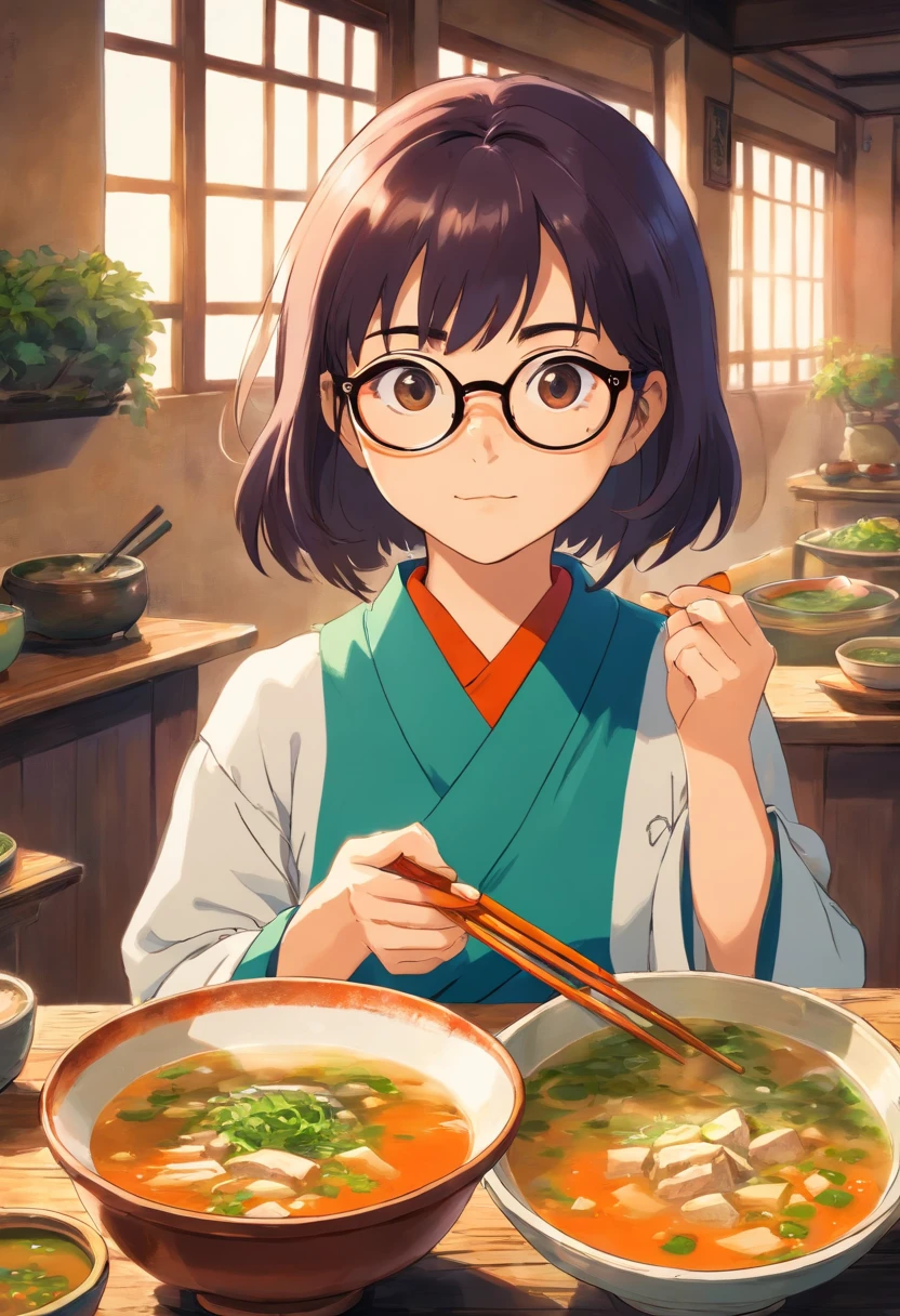 miso soup　woman　Glasses