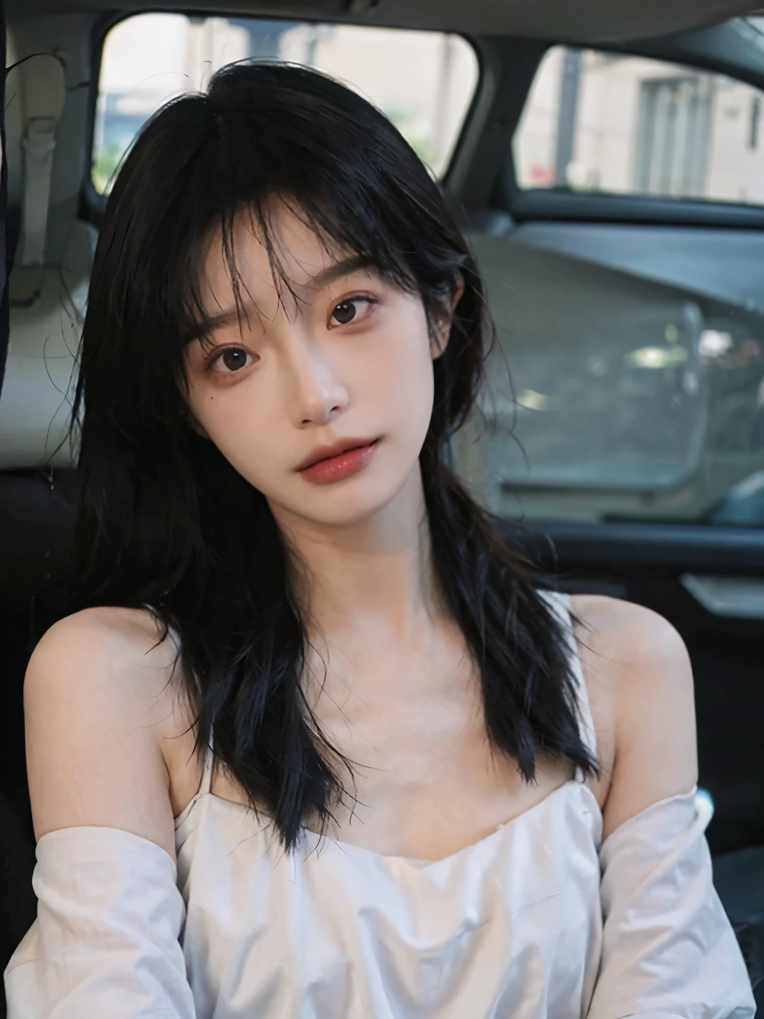 Film Portrait Photography, 1 girl, Bare shoulders,Lipstick,Purple short sleeves,(White bra:1.4),Purple sunlight,( Purple Hood:1.4),Shoulder-length straight hair, serene, calm, (逼真且Detailed眼睛, Natural skin texture, Realistic facial details), Soft dramatic lighting, Depth of Field, Bokeh, Vivid details, Detailed, Surrealism, 35 mm film, hazy, ,