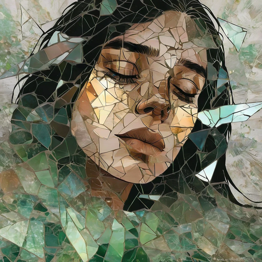 "Create a close-up portrait of a serene woman with her eyes closed and a slight, peaceful expression. Overlay the image with a detailed, cracked, and shattered glass texture. The color palette should include muted, earthy tones such as soft browns, grays, and greens. Use soft, diffused lighting to create a dreamy and ethereal atmosphere. Ensure the cracks are varied in size and direction, blending seamlessly with the subject's face to create a fragmented effect without obscuring her features. Add subtle reflective highlights on the glass shards to mimic light catching on broken edges. The background should be simple and slightly blurred, maintaining focus on the subject and enhancing the overall tone of delicate beauty and fragility."