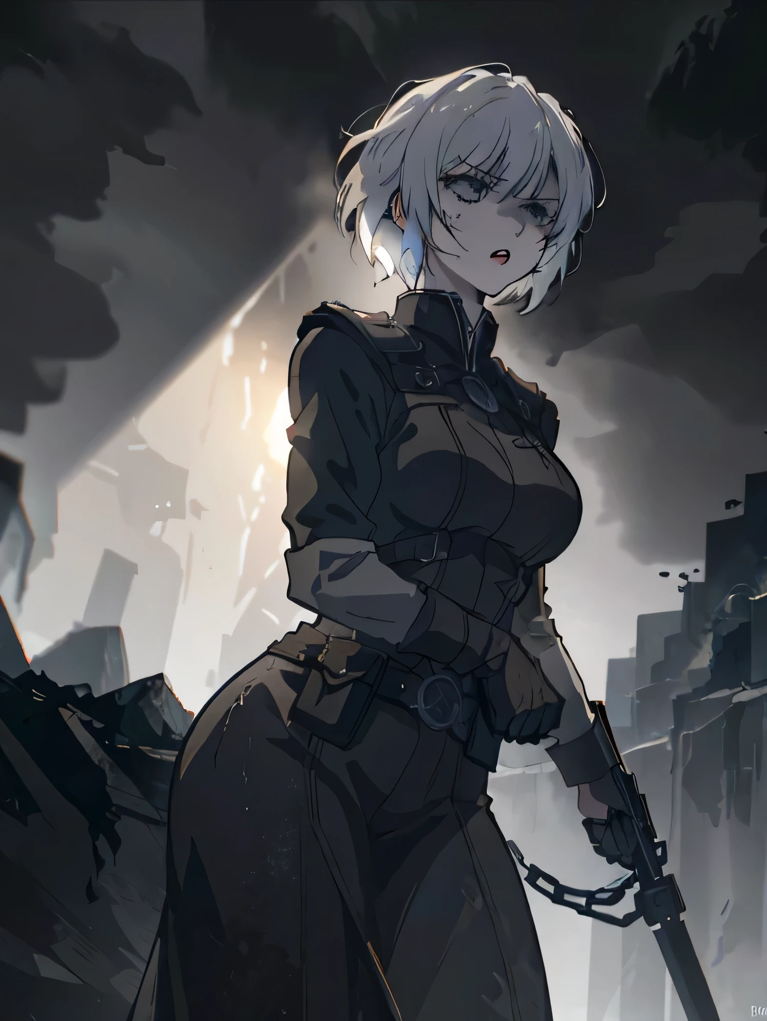 a tall woman, short white hair, holding a weapon, angry expression, hyper realistic, extremely detailed, 8k, photo-realistic, cinematic lighting, gritty, moody, dramatic, dark fantasy, chiaroscuro lighting, dramatic shadows, dramatic highlights, intense colors, deep saturation, dark and moody atmosphere, masterpiece, 