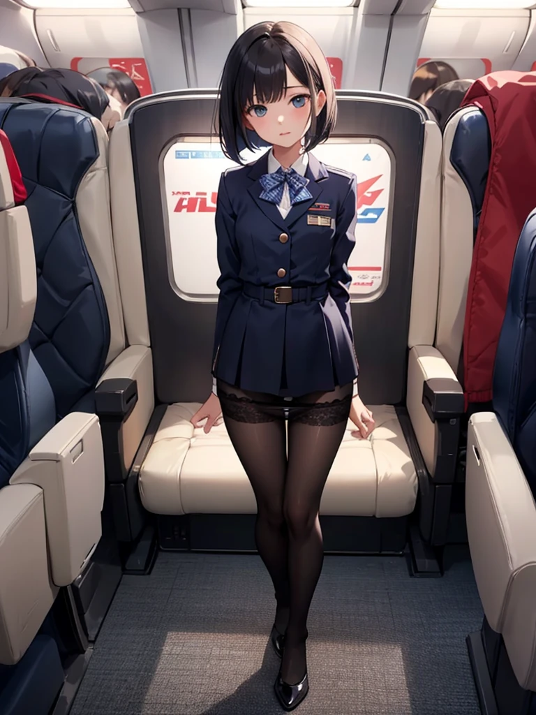 masterpiece, best quality, 1 girl, solo, 18 years old, small breasts, Perfect Face, beautiful, bob cut, jal uniform, airplane interior, black pantyhose, white lace panty, panties under pantyhose,full body,looking through legs