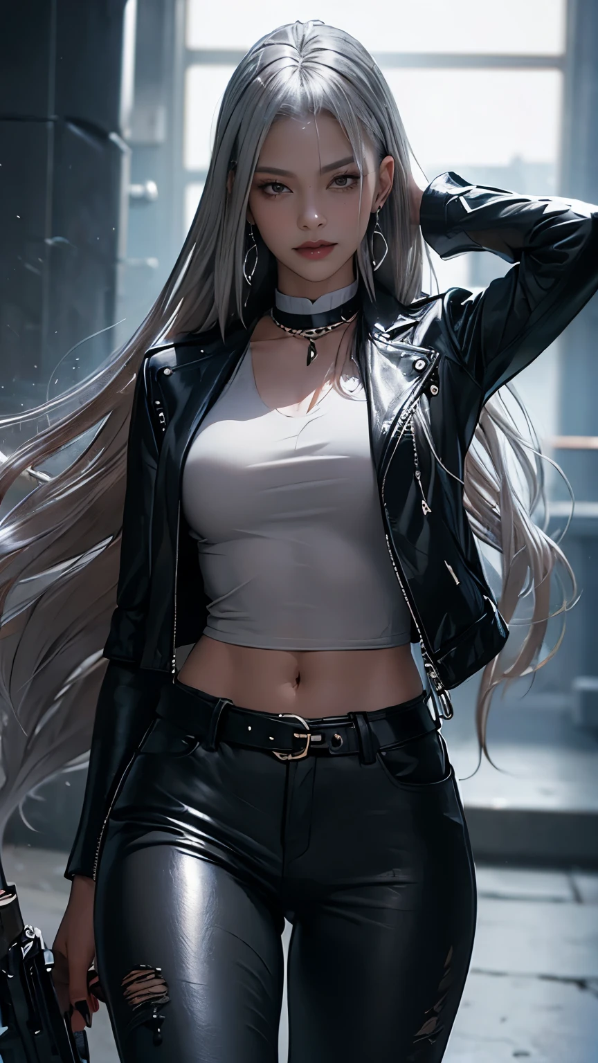 (Long silver hair:1.5),Beautiful 25 year old Indian female vampire mercenary, Brown Skin, (Wearing a blue leather jacket and tight black pants;1.3), Possessing a rifle, View from the front, Waist up shot, Dynamic pose, Ambient Lighting, Photographic realism, Intricate facial details, Exquisite handcrafted details, Very detailed, Vibrant colors, Cinematic, High resolution, Trending Style Raw on Artstation