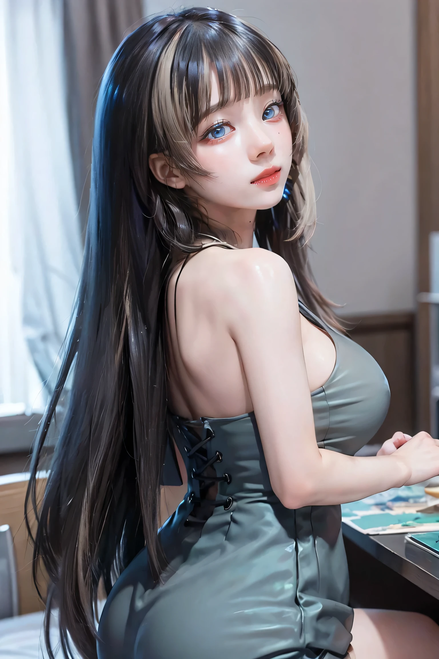 View from behind、(Realistic painting style:0.9), Tabletop, One Girl, alone, chest, Long Hair, Black see-through dress, Grey Hair, Chest cleavage, View your viewers, smile, Mouth closed, bangs, Grey Eyes, Big Breasts, Expose your shoulders, Large chest, Sexy pose、View from behind,Sexy Style