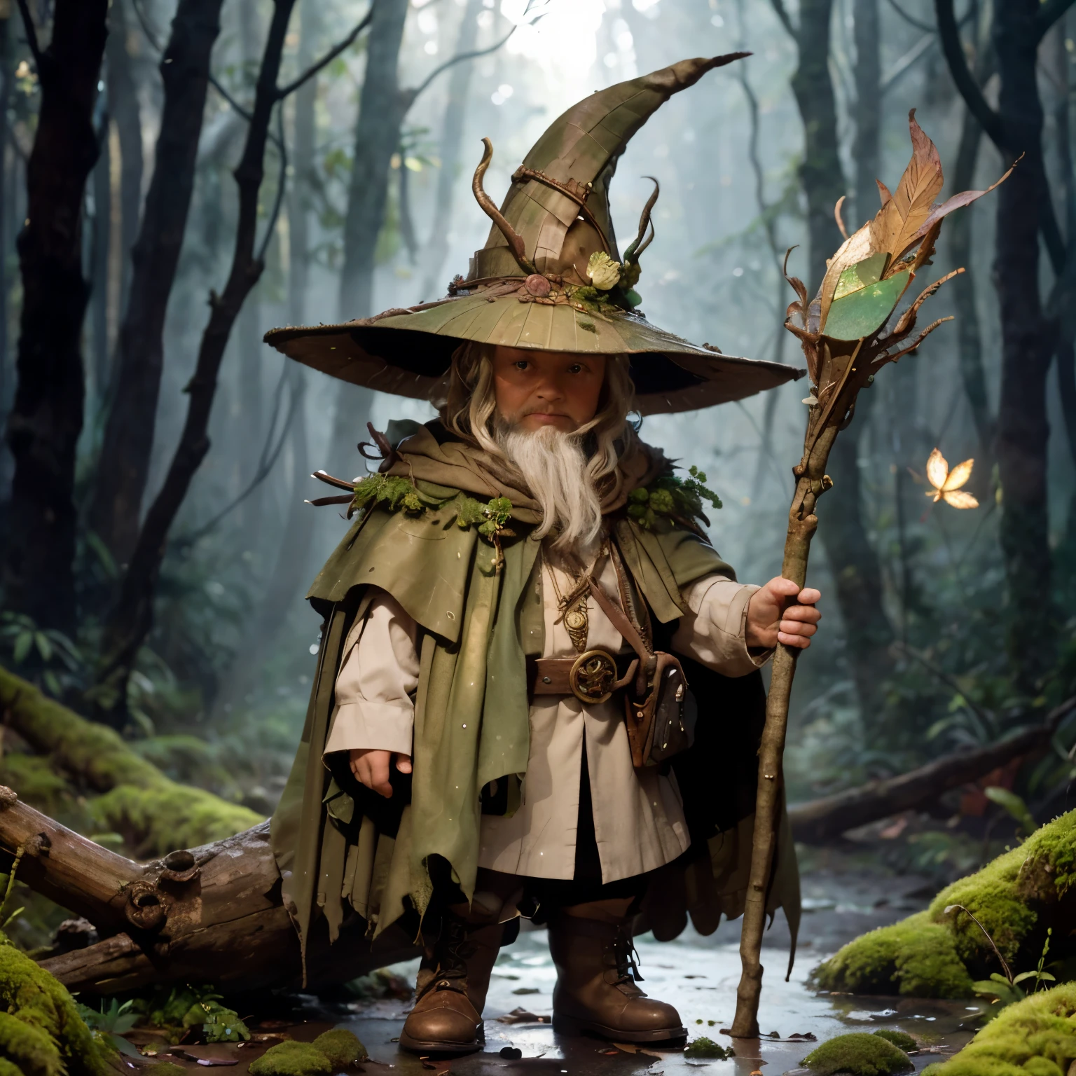 A cute diminutive moss covered dewy male male wizard, wrinkled old looking skin, close up in a dewy rain forest, intricate wizarding costume cragged materials, In a tilt-shift, macro-photographed scene with a shallow depth of field, a tiny, iridescent mystic wizard, intricate gnarled leather wizarding boots, its body a mesmerizing mosaic of microscopic mirrors and gears, perches on the velvety, emerald-green edge of a dew-kissed leaf, surrounded by a constellation of glistening, crystal-like droplets that refract and reflect the soft, golden light filtering through the forest canopy above, amidst a tapestry of intricate, lace-like ferns and moss-covered twigs, with the blurred, bokeh-rich background a warm, earthy blend of umber, sienna, and olive hues.