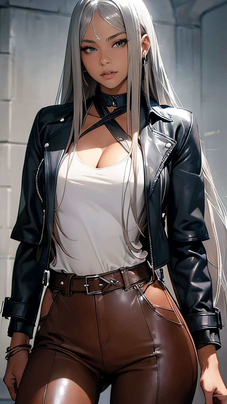 (Long silver hair:1.5),Beautiful 25 year old Indian female vampire mercenary, (Brown Skin:1.5), (Blue leather jacket:1.3),(Wearing tight black pants;1.3), Possessing a rifle, View from the front, Waist up shot, Dynamic pose, Ambient Lighting, Photographic realism, Intricate facial details, Exquisite handcrafted details, Very detailed, Vibrant colors, Cinematic, High resolution, Trending Style Raw on Artstation