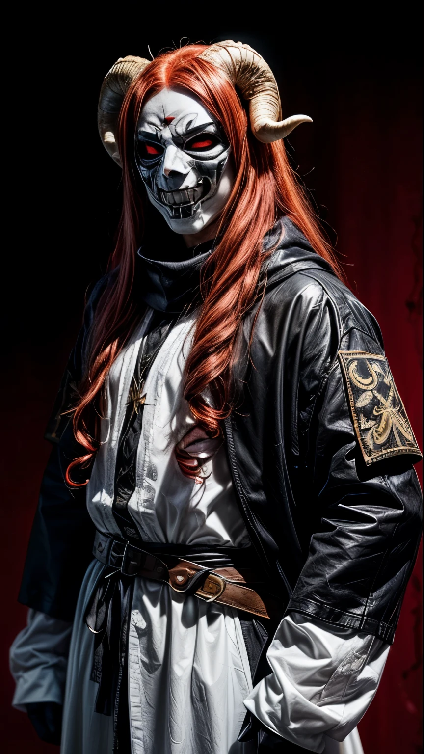 ((demon)), ((snake tail)), black gloves, ((ram horns)), curled horns, (((male))), wearing black, demon skin, male demon, ((scary demon), (((wearing a scary white mask))), blood, long wavy red hair, (((slavic black full clothes))), medieval scarf, white background