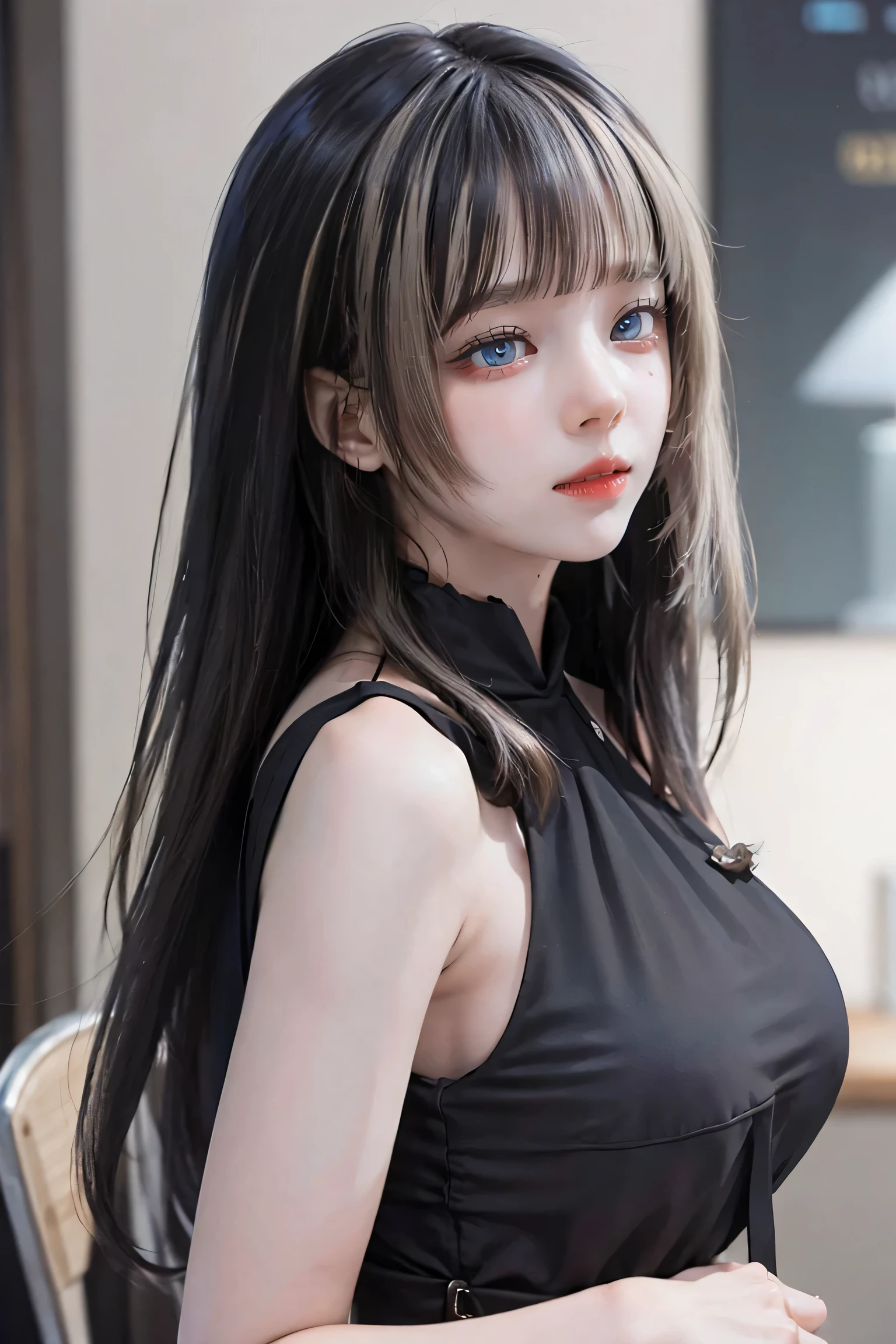 View from behind、(Realistic painting style:0.9), Tabletop, One Girl, alone, chest, Long Hair, Black see-through dress, Grey Hair, Chest cleavage, View your viewers, smile, Mouth closed, bangs, Grey Eyes, Big Breasts, Expose your shoulders, Large chest, Sexy pose、View from behind，Sexy Style