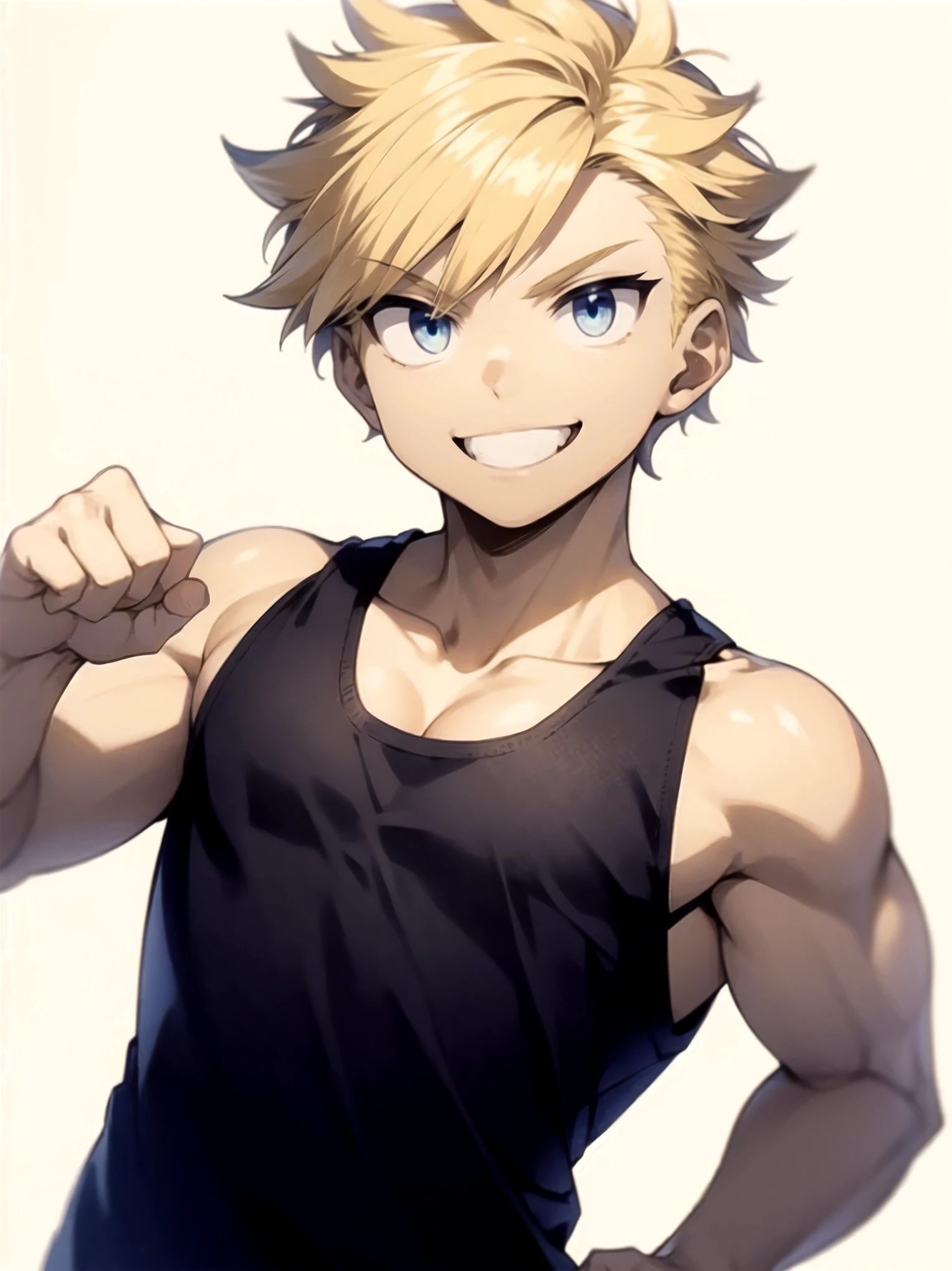 1 boy,be glad,(victory pose),Blonde hair, sharp eyes, blue eyes,smile,Black tank top,white background,(detailed eyes),detailed skin,masterpiece