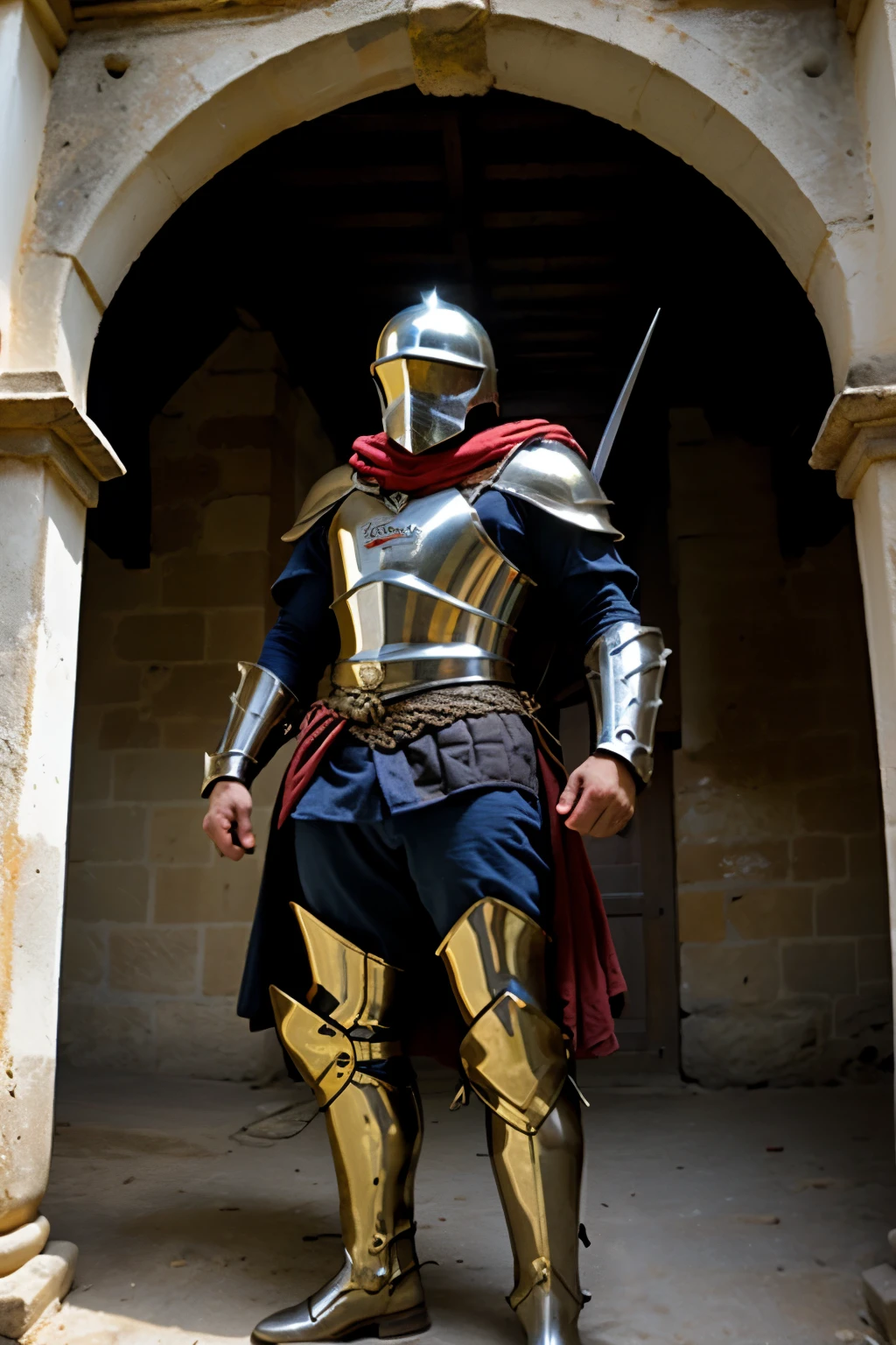 cavaleiro saindo de batalha apos ter ganho e com uma energia superior a todos, caveleiro medieval com armadura