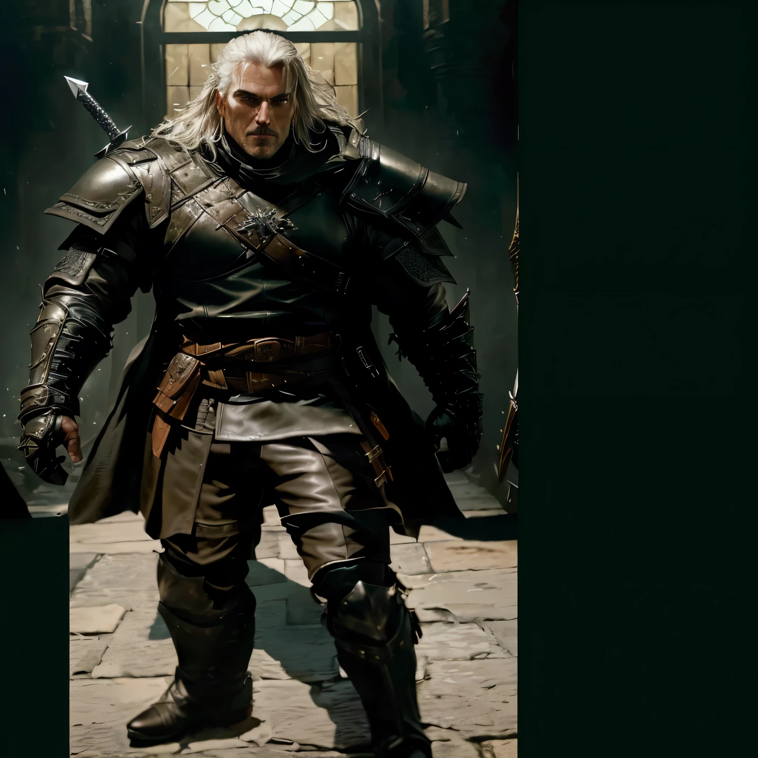 Close up of man in leather clothes holding knife, wearing leather assassin armor, Flowing robes and leather armor, with light leather armor, In a dark space mercenary outfit, Mario – Witcher Station, Andor Vashj(Andor Basch)Works inspired by, dark leather armor, In Witcher (2021), male thief, leather clothes under armor