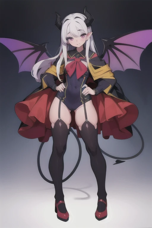 Complete body Vampirewings Peeled purple simple style color Demon girl hay horns anime 2d, (multicolor hair: purple and black), small eyes Boku no hero posecompleta tail Boku no hero costume Boku no hero style, adult appearance, young older, stand up, stand up, demon wings, HD, 4k, scholar uniform white and green, shoes, good anatomy, five fingers, perfect hands, succubus friendly beautiful (good proportion) (full body) (good Hands)