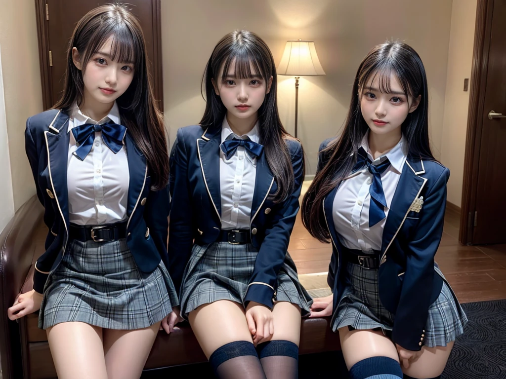 (8K, Raw photography, top-quality, ​masterpiece:1.2), master piece, best quality, illustration, Super detailed, fine details, High resolution, 8K,wall paper, perfect dynamic composition,(Details High quality, realistic depiction of eyes:1.3), ((2 girls, 2 schoolgirls)), The background is a luxury hotel room、High school girl uniform、blazer 、Super Short Check Uniform Skirt、Navy blue high socks、garterbelts、Colossal tits、Disturbed uniform, Play with each other,Touching each other's bodies,Touching the body of the girl next door, short bob hair, black hair color, huge breasts, Big Natural Color Lip, bold sexy pose, (perfect body shape), crying a little、cold gaze,  Beautiful makeup,glitter makeup,Cutest 18 years old, beautiful legs, hposing Gravure Idol, Voluptuous thighs