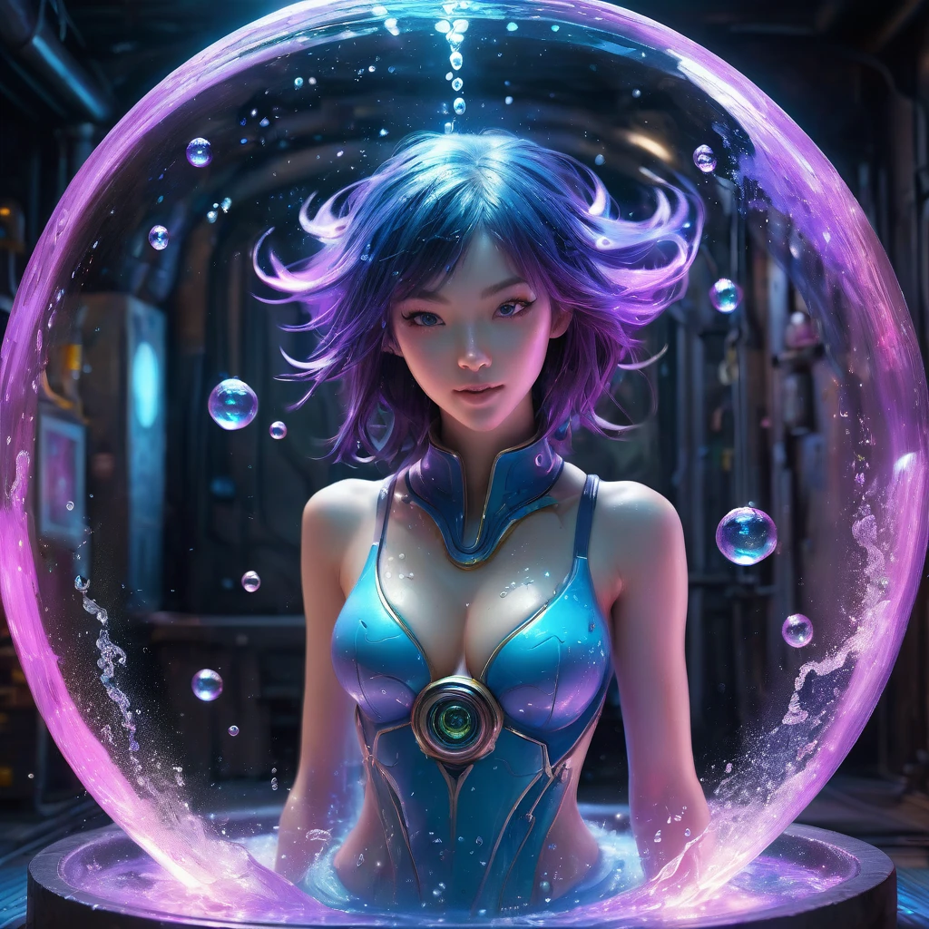 Masterpiece, high resolution, starcraft style beautiful girl, being in a dirty beaker, immersed in liquid, homunculus, magic circle, small room with phosphorescent flash, perfect beautiful girl, no clothes, luminous from within, staring at the viewer, laughter, 3d rendering, perspective, amazing anime illustration, impressive lighting, fantastic, dangerous, monstrous