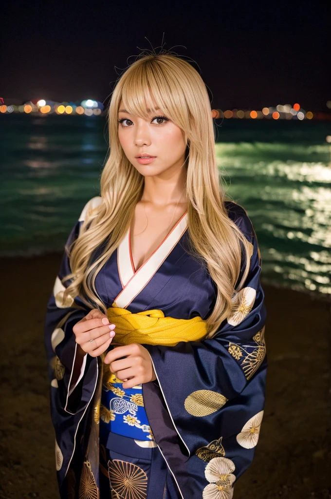 gyaru, dark-skinned, shiny oiled skin, blond hair, wearing japanese kimono, in the seaside, deep fog, at dark night