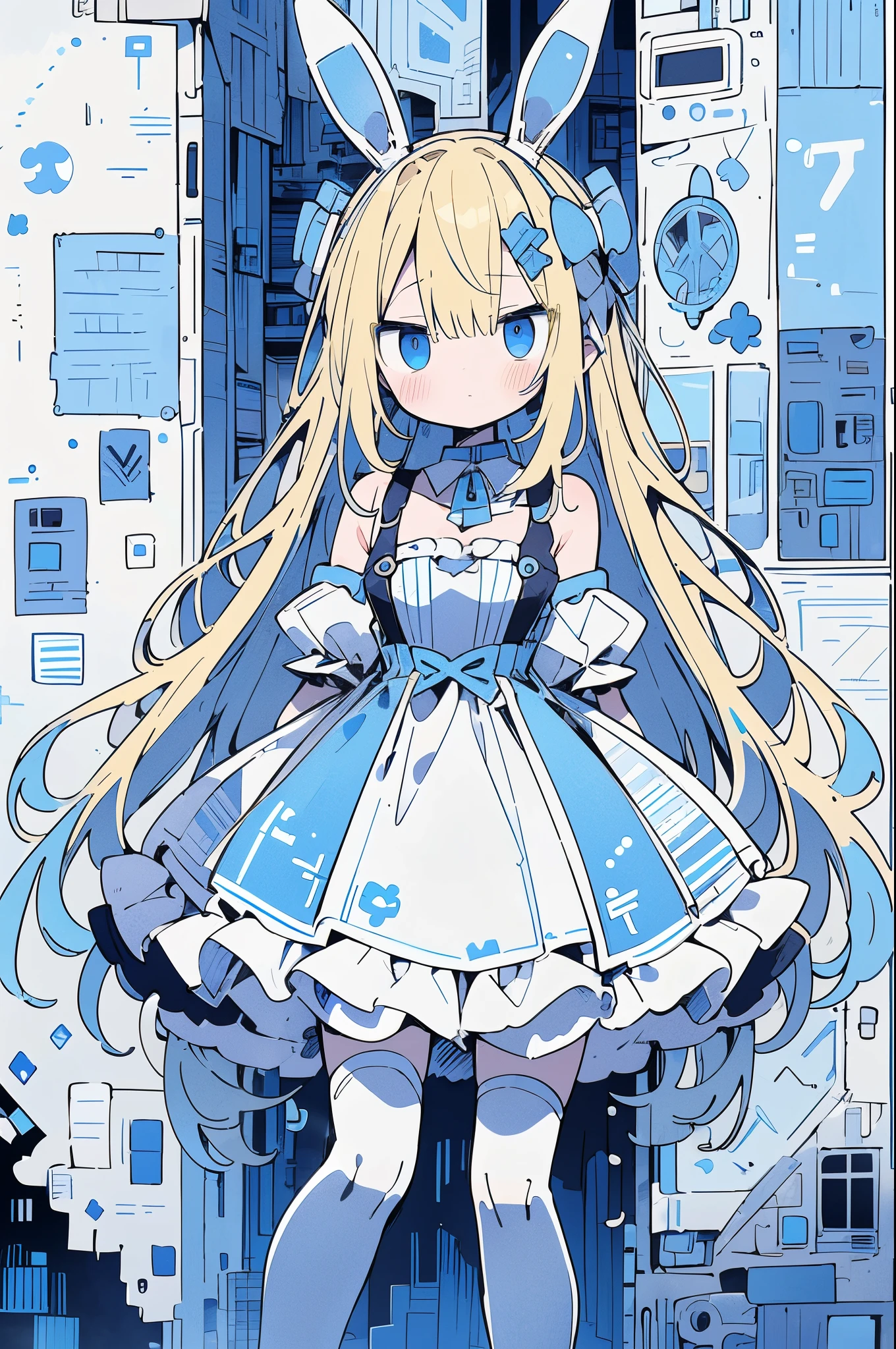 A detailed anime-style illustration of two characters in a post-apocalyptic setting. The taller character is a robotic figure with rabbit-like ears, a blue and white color scheme, and large, glowing blue eyes. The robot is wearing a detailed, patterned dress with mechanical elements. Beside it is a young girl with blonde hair, also with rabbit ears, wearing a similar patterned dress. The background features a ruined building with blue and white tiles, adding to the dystopian atmosphere. The overall color scheme includes shades of blue, white, and gray.,txznf