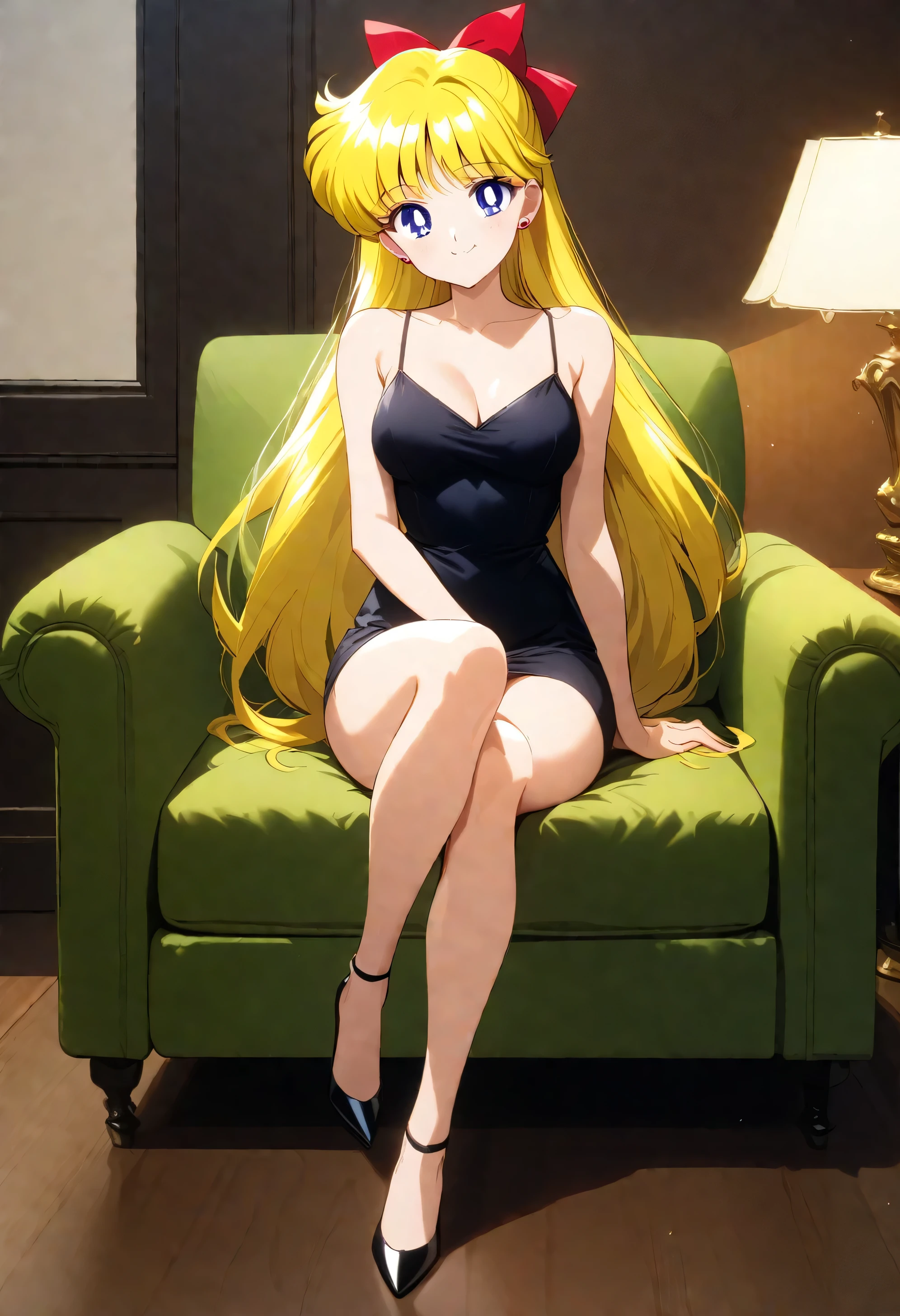 masterpiece, best quality, very aesthetic, absurdres, aavenus, long hair, blonde hair, hair bow, blue eyes, earrings, taut dress, spaghetti strap, black dress, sleeveless, indoors, couch, sitting, legs crossed, cowboy shot, medium breast, smile, black high heels