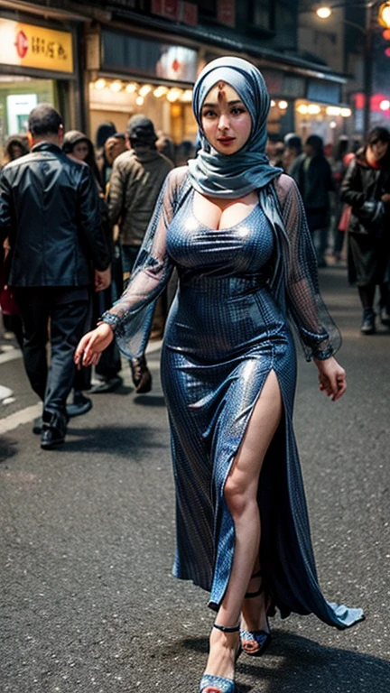 Girl with a large breasts covered by loosly  long dress and hijab, full body photoshoot, detailed detail, real skin texture, walkin in a crowded street, 