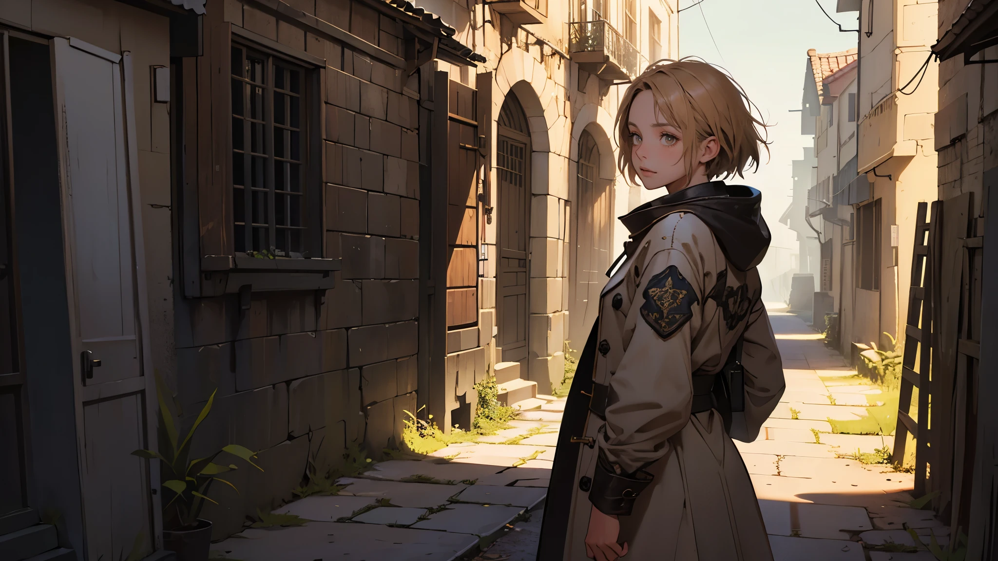 masterpiece, ultra detailed, 8K Portrait, Raw photo, a portrait photo of girl, Highly detailed face, beautiful and meticulous eyes, ((Fantasy)), 10 year old, young girl, little, dark blonde short hair, brown eyes, Kind face, skinny, (dirty and tattered clothes), dirty and tattered hooded long white coat Fluttering in the wind, ((bare foots)), Midday Sun, Hyper realistic, in a medieval back alley, Ambient lighting, Shadow details , strong breeze, Light fog