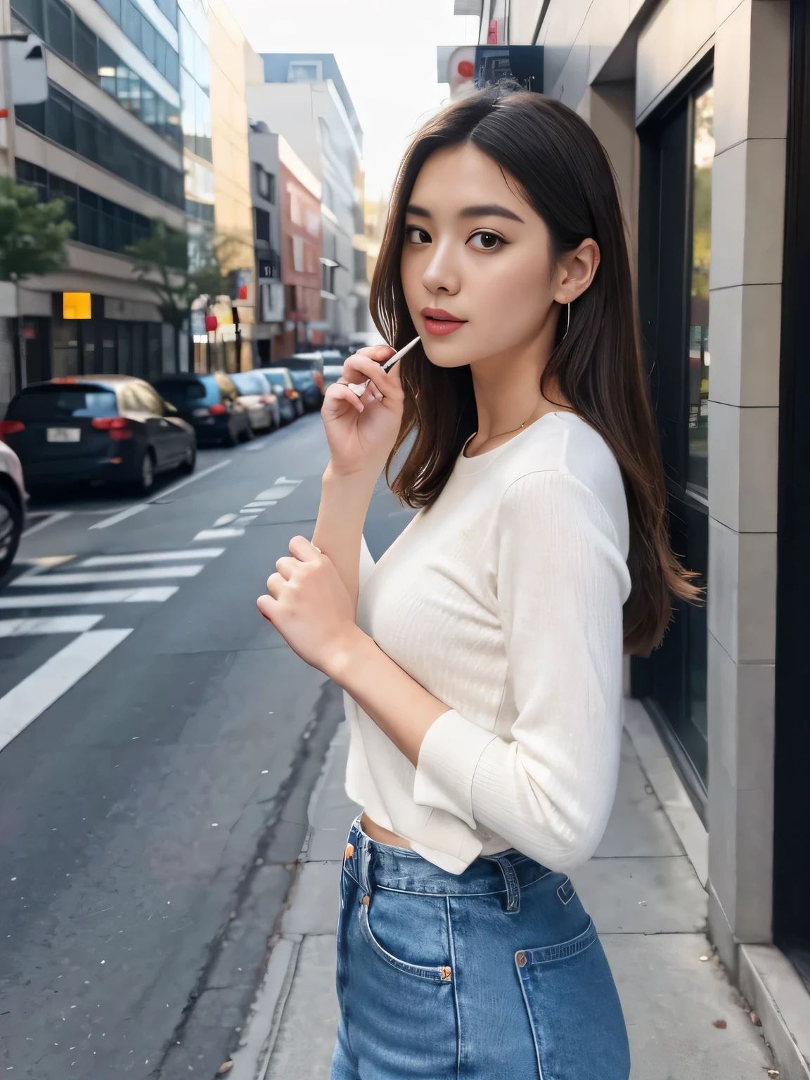 (masterpiece,high resolution,high quality)、Beautiful and realistic Japanese figures、Beautiful limbs、September、Woman Smoking Cigarette、A corner of the city、