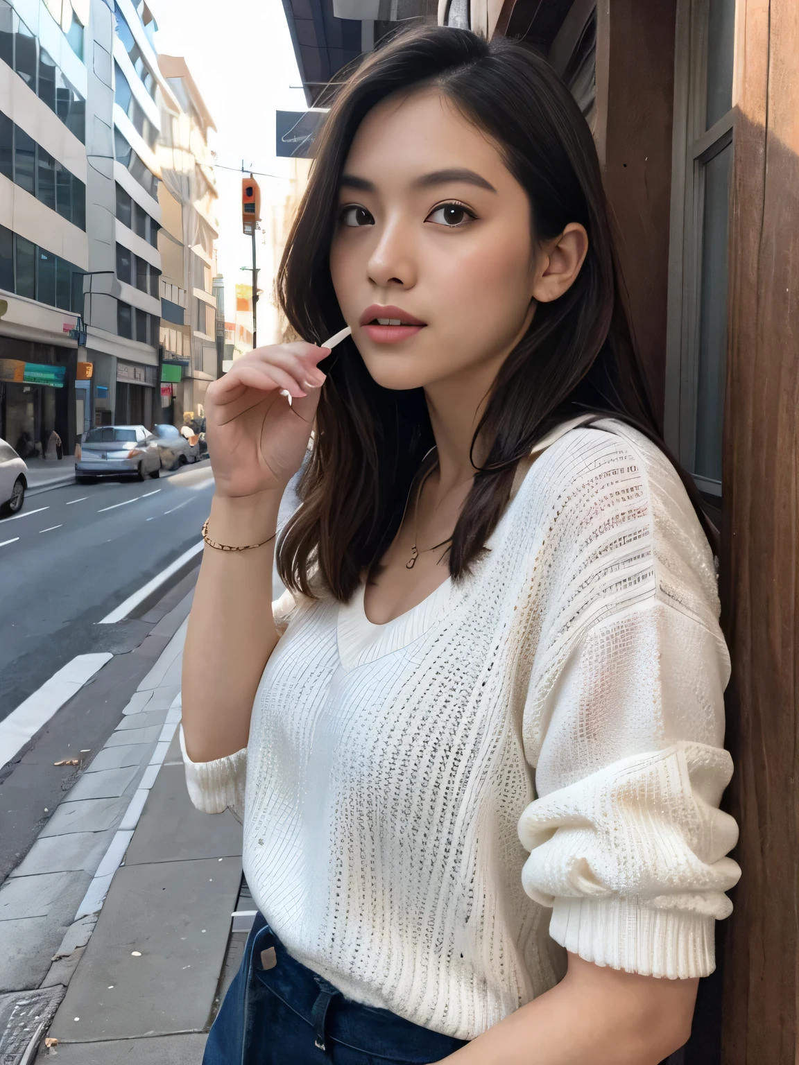 (masterpiece,high resolution,high quality)、Beautiful and realistic Japanese figures、Beautiful limbs、September、Woman Smoking Cigarette、A corner of the city、