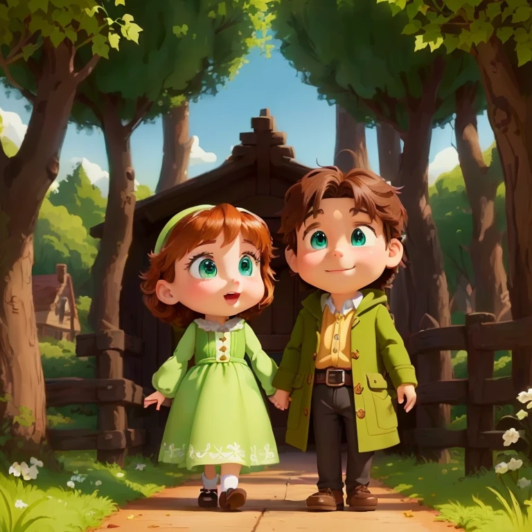 A couple in the forest, Disney animation style, cartoon,, Hansel and Gretel, Lovely and detailed digital art, Animation style rendering, cartoon, cartoon, Cute numbers, Boys and Girls, Cute numbers艺术, Disney Art Style, Fairy tale illustration style, cartoon still, Cute cartoon style